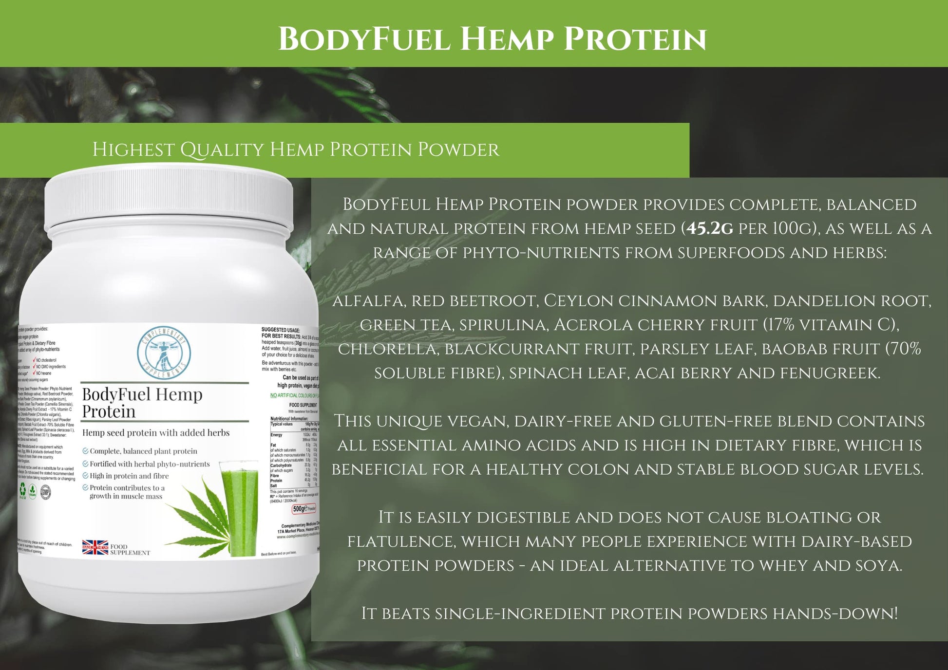 Complementary Supplements - BodyFuel Hemp Protein Powder Plus 14 Superfoods & Phytonutrients Complementary Supplements