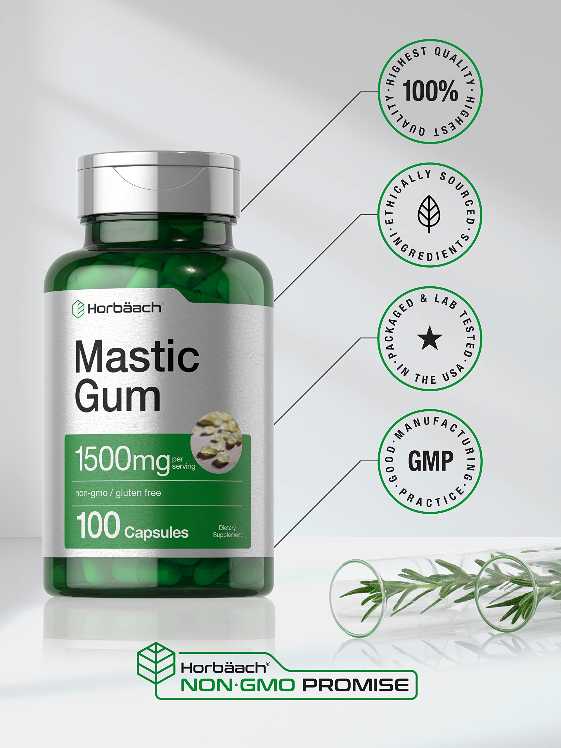 Mastic Gum Capsules 1500mg 100 Count | Non-GMO & Gluten Free | by Horbaach