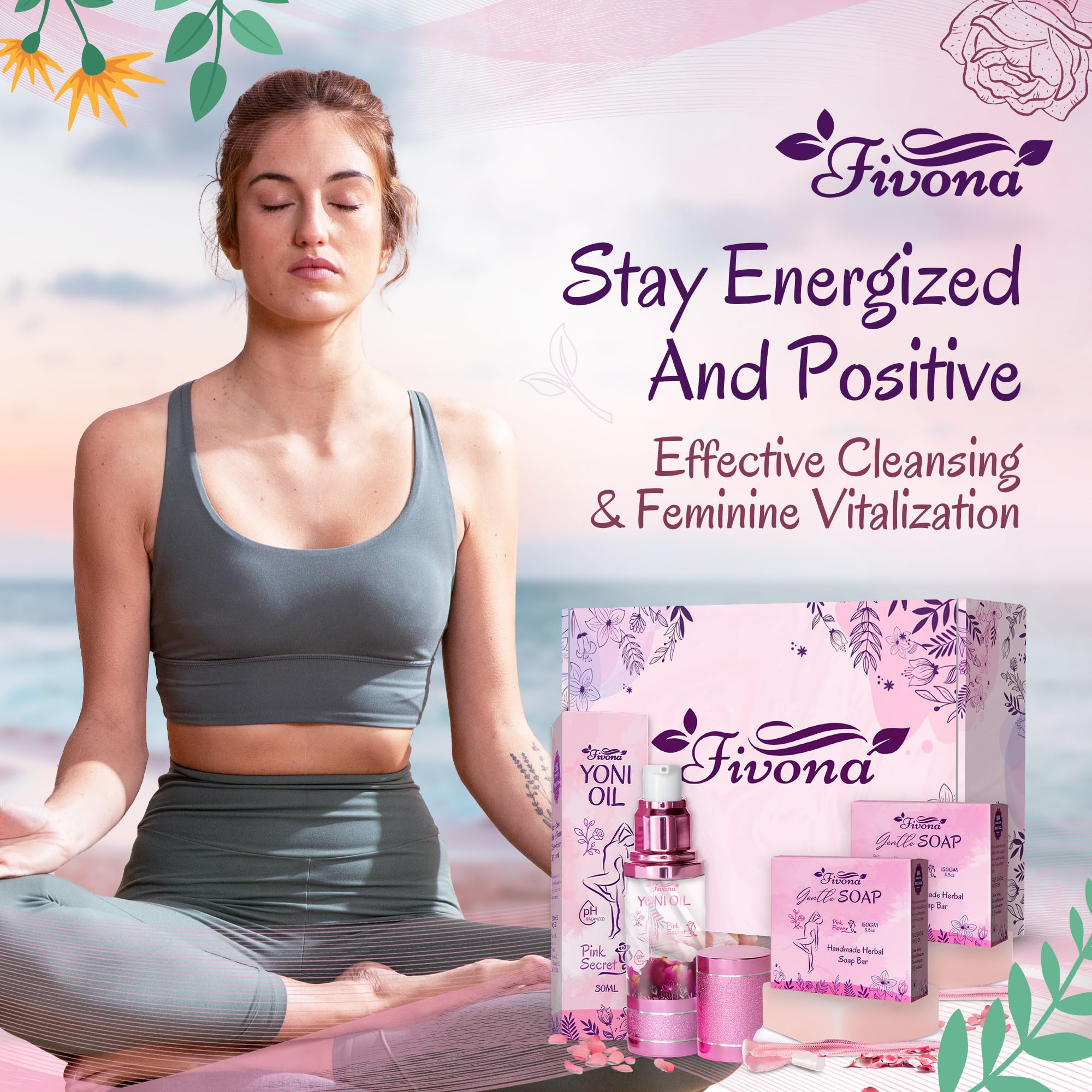 FIVONA 3 in 1 Set of Yoni Oil with 2 Yoni Soap Bars - Feminine pH Balanced Natural Vaginal Oil 30 ml FIVONA