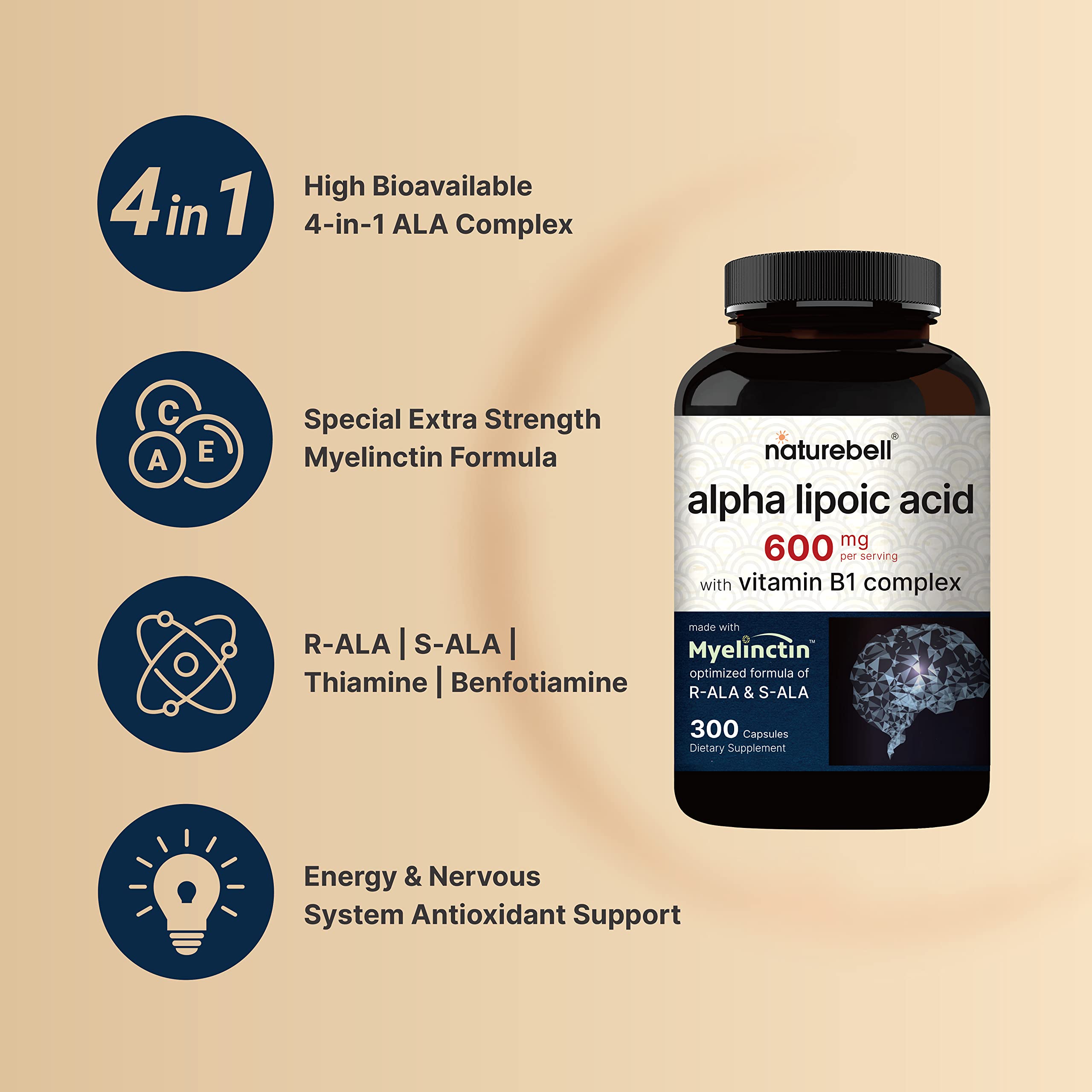 NatureBell Alpha Lipoic Acid 600mg Per Serving | 300 Capsules - with Vitamin B1 NatureBell