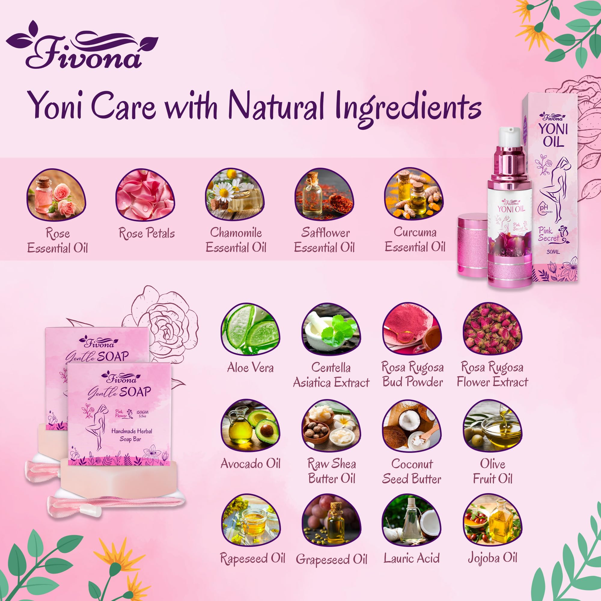 FIVONA 3 in 1 Set of Yoni Oil with 2 Yoni Soap Bars - Feminine pH Balanced Natural Vaginal Oil 30 ml FIVONA