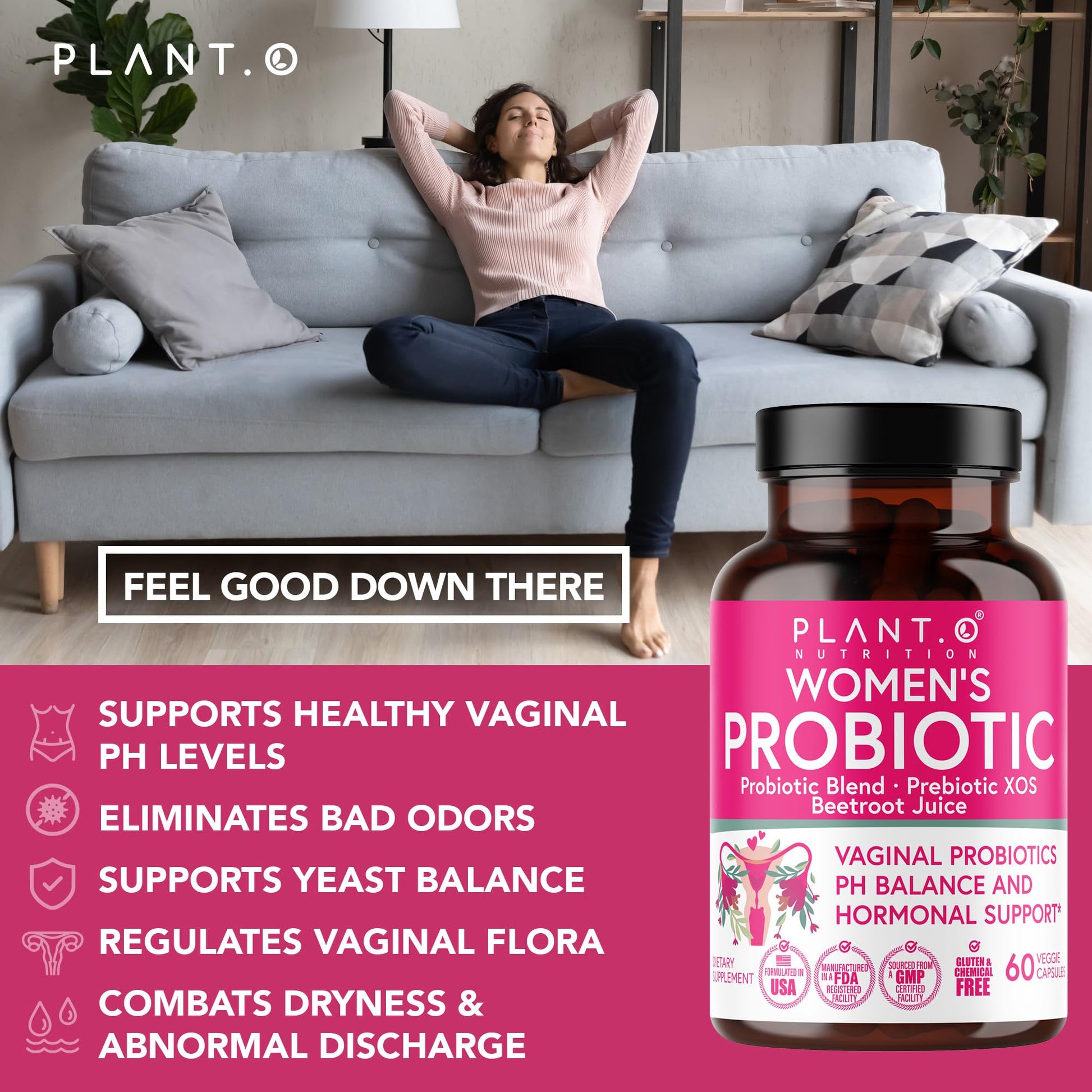 PLANT.O NUTRITION Vaginal Probiotics for Women with 4 Lactobacillus Strains Probiotic & Prebiotic Blend PLANT.O NUTRITION