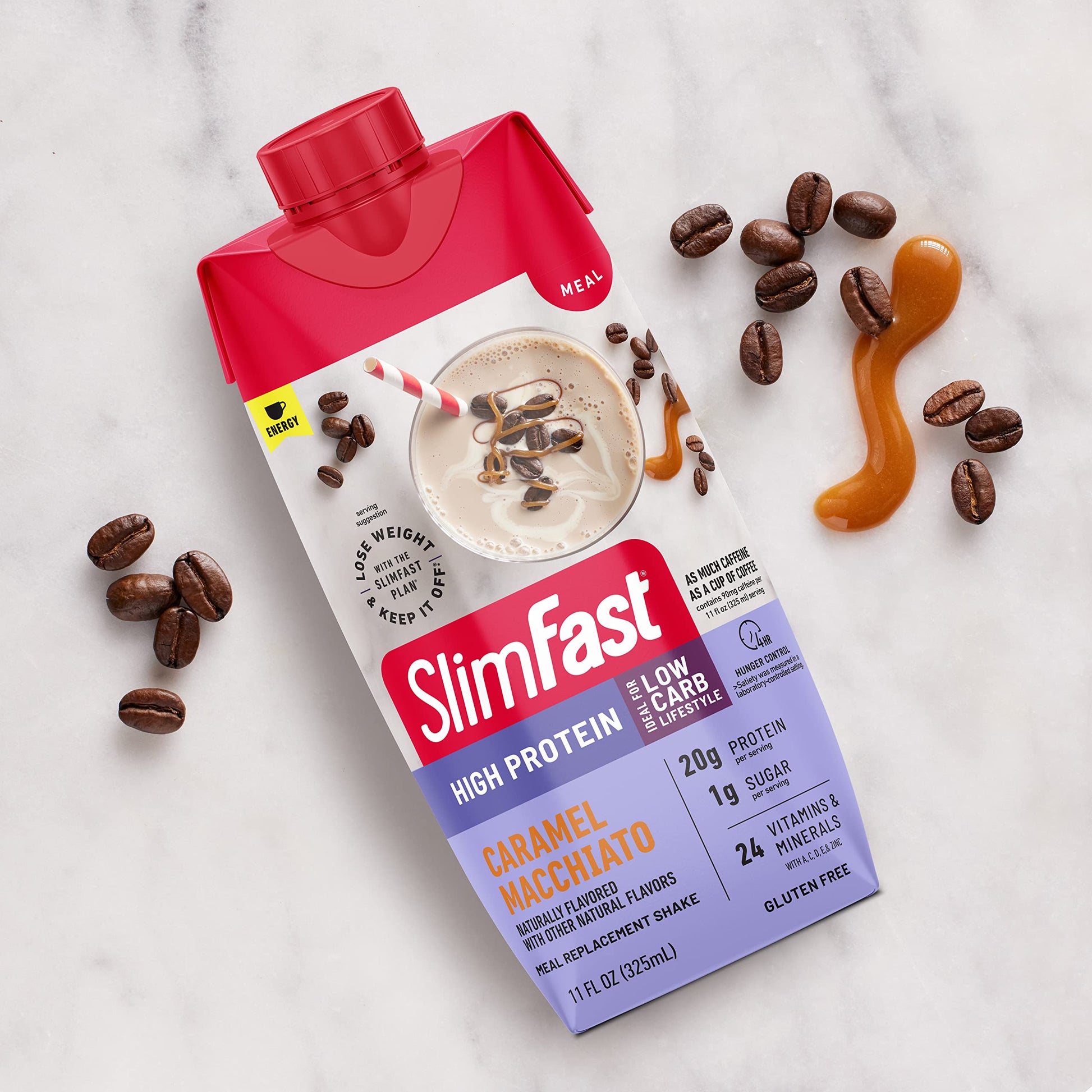 SlimFast Protein Shake with Caffeine, Caramel Macchiato- 20g Protein