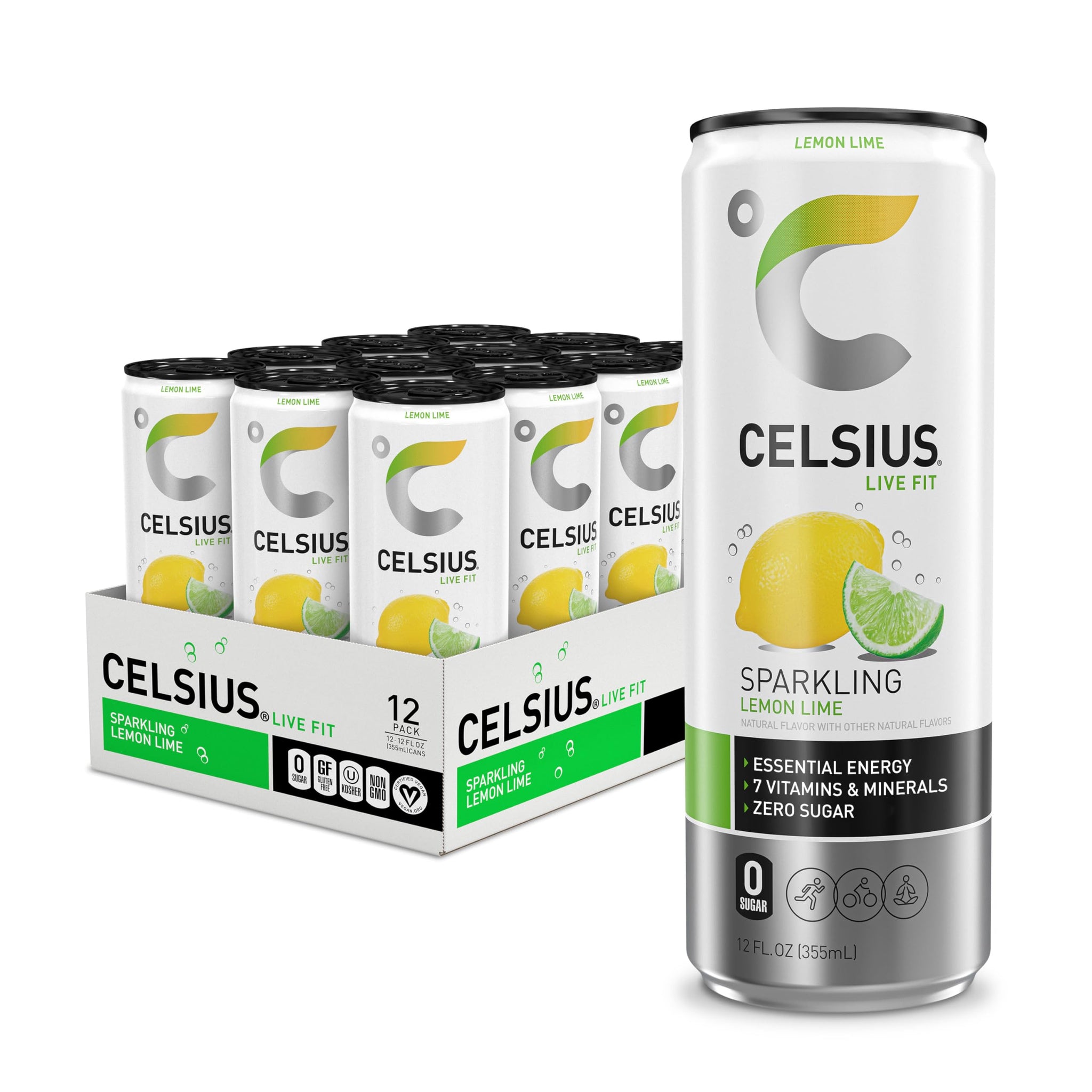 CELSIUS Sparkling Lemon Lime, Functional Essential Energy Drink, 12 Fl Oz (Pack of 12)