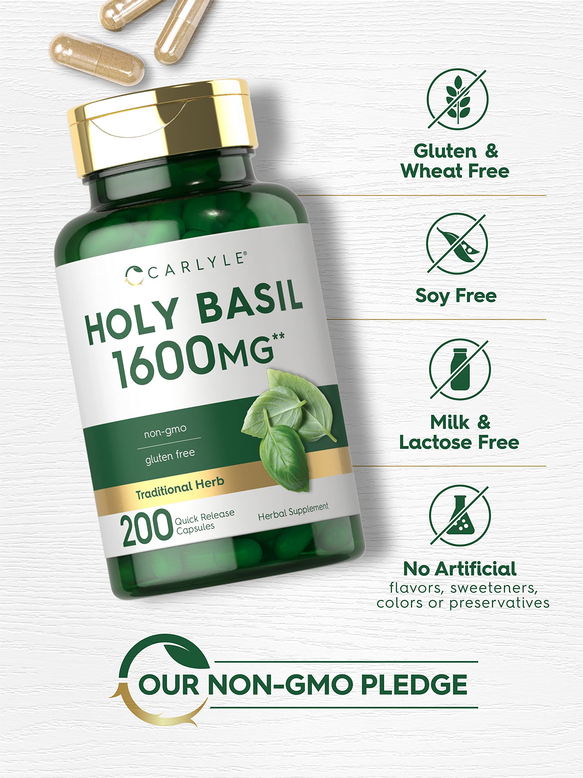 Carlyle Holy Basil Capsules 1600 mg | 200 Count | Tulsi Holy Basil Leaf Extract | Herbal Carlyle