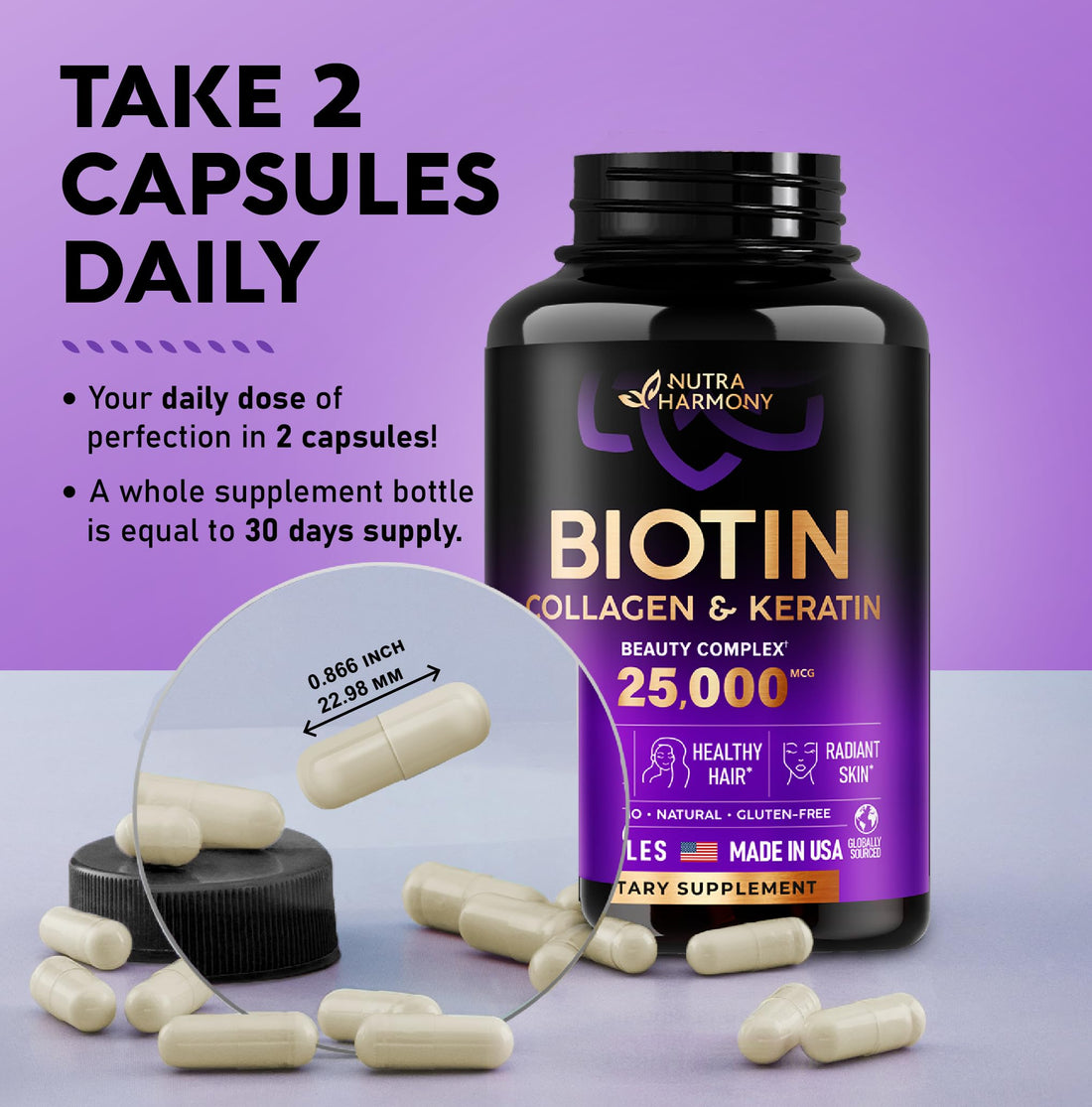 Biotin | Collagen | Keratin | Hyaluronic Acid - Hair Growth Support Pills, 25000 mcg 