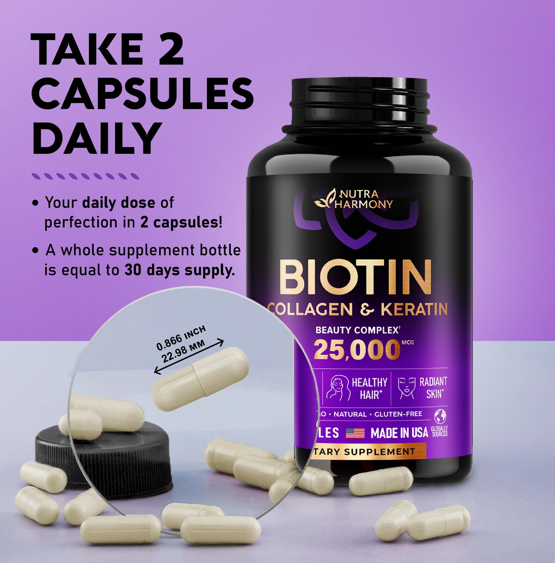 Biotin | Collagen | Keratin | Hyaluronic Acid - Hair Growth Support Pills, 25000 mcg NUTRAHARMONY