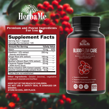 HerbaMe Blood Circulation Supplement, 120 Capsules, Supports Leg Vein, Heart