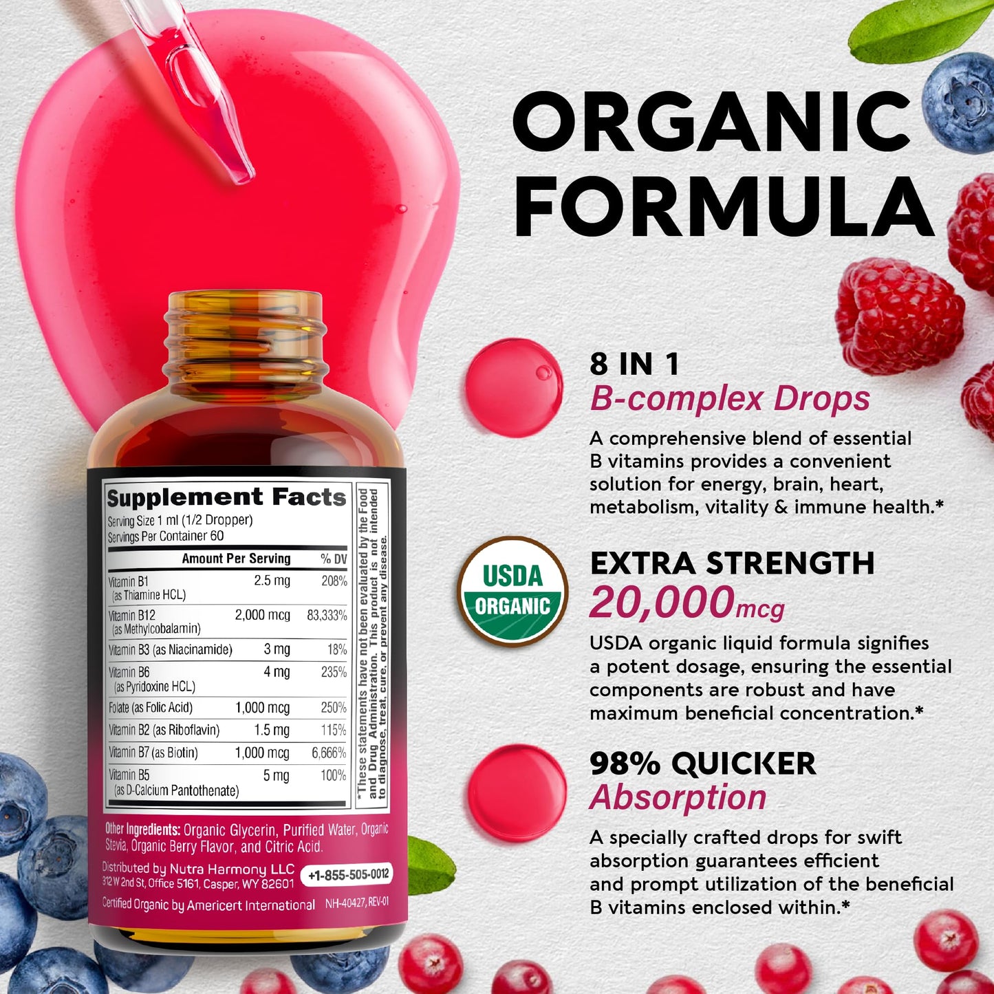 USDA Organic Vitamin B Complex Liquid Drops - 8-in-1 B Complex Vitamins: B1, B2, B3, B5
