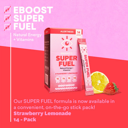 EBOOST Energy Drink Powder, Super Fuel - Strawberry Lemonade, 14 Packets - Pre-Workout Powder Energy Drink Mix - Natural Energy, L-Tyrosine, L-Theanine & Vitamins - Preworkout for Women & Men To Go