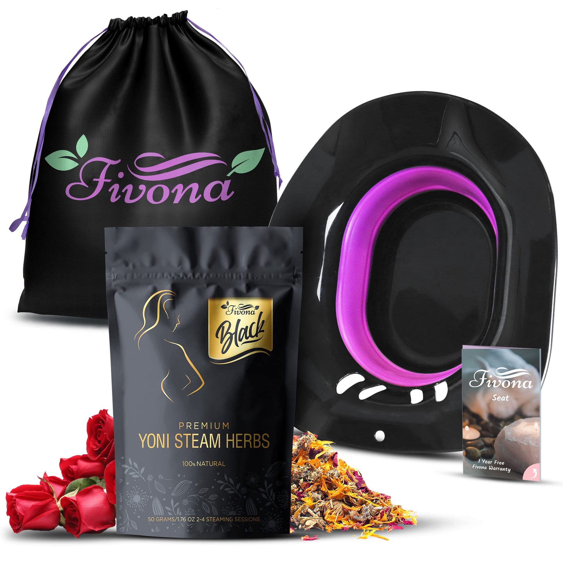 Fivona 3-in-1 Yoni Steam Kit Black - Foldable Over The Toilet Steamer Seat with Herbal Blend and Storage