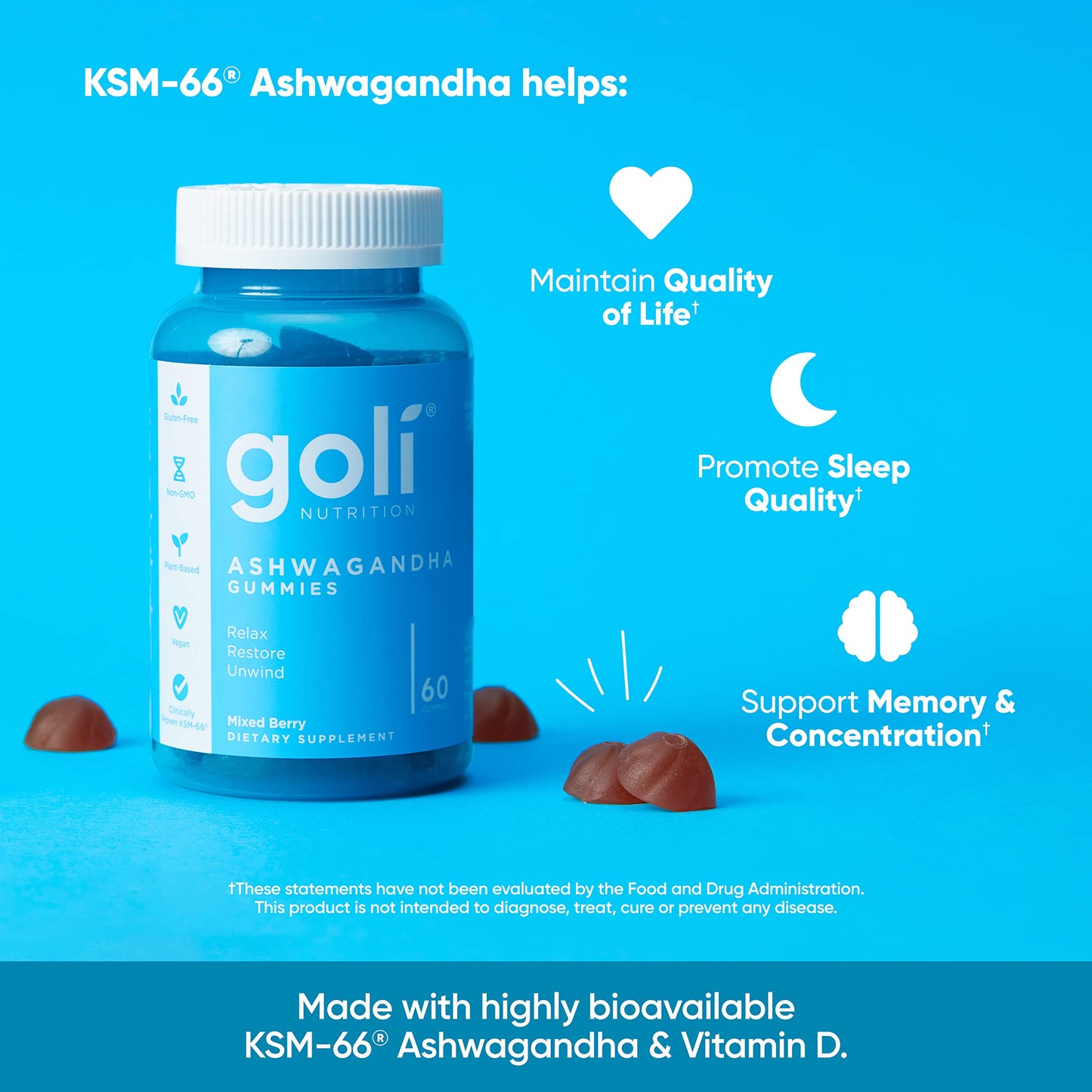 Goli Ashwagandha & Vitamin D Gummy - 300 Count - Mixed Berry, KSM-66, Vegan,