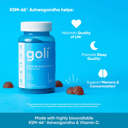 Goli Ashwagandha & Vitamin D Gummy - 300 Count - Mixed Berry, KSM-66, Vegan,