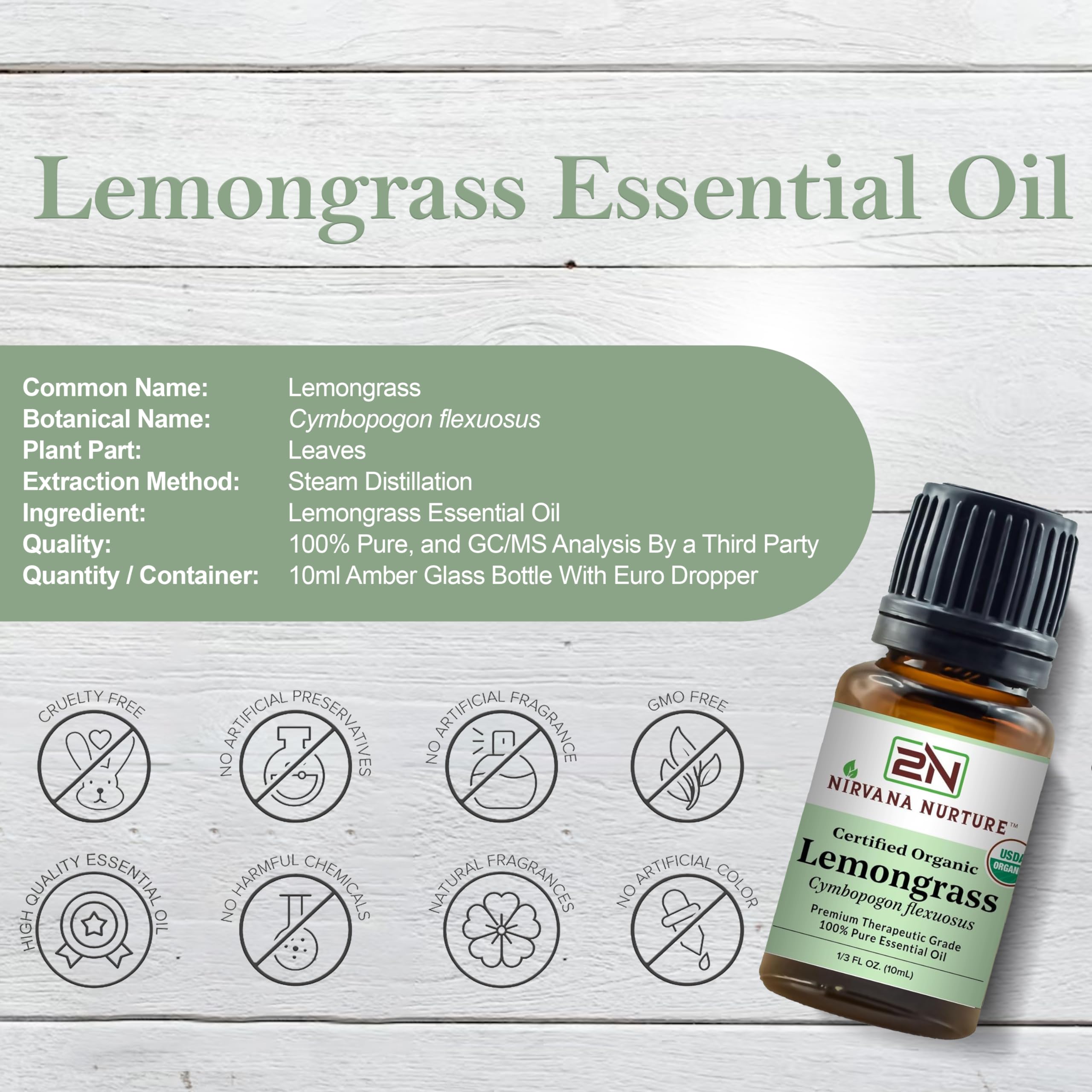 Nirvana Nurture Lemongrass Essential Oil USDA Certified Organic 100% Pure Premium Therapeutic Grade Nirvana Nurture