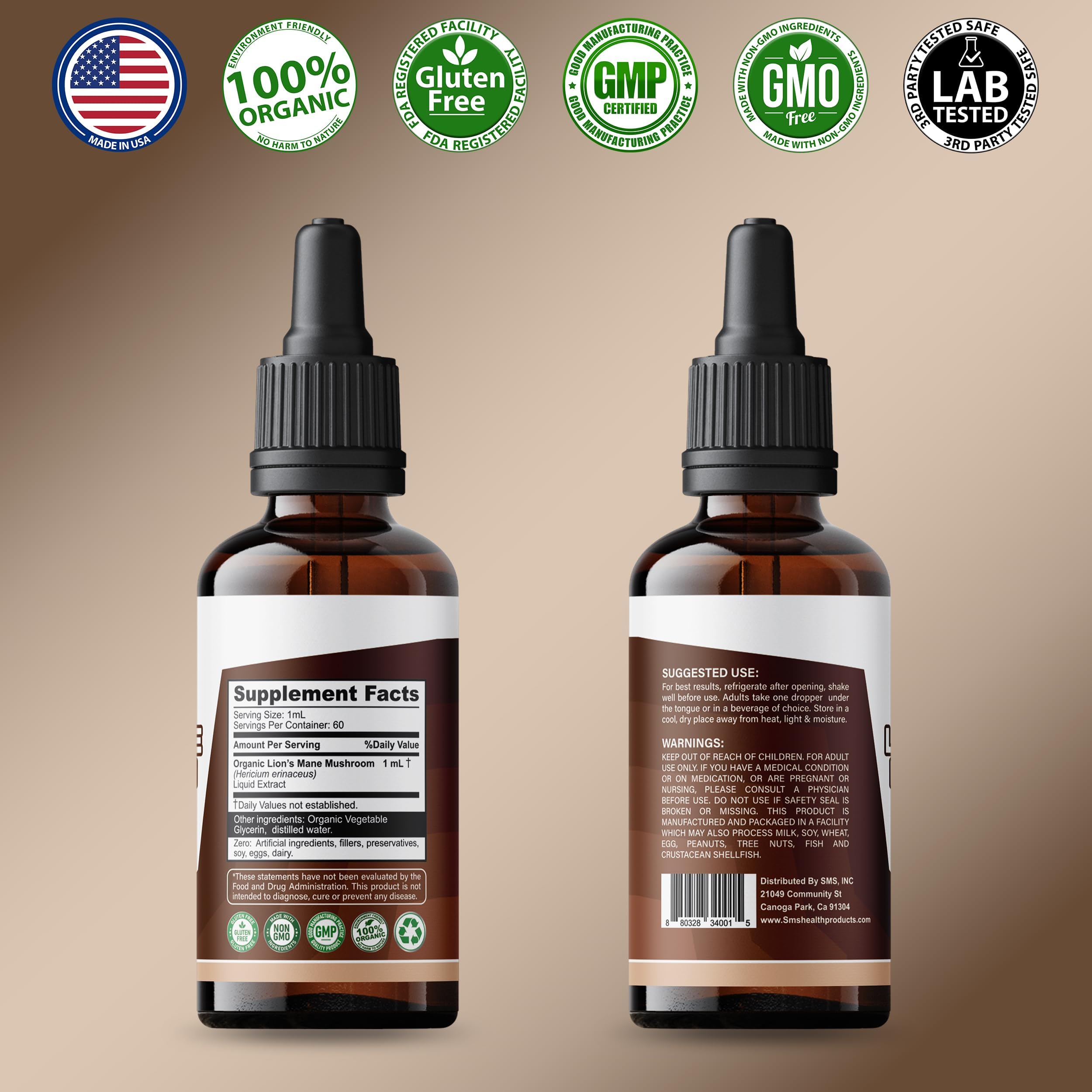 Lion's Mane Mushroom Drops Supplement, Lions Mane Tincture, Natural SMSHEALTHPRODUCTS.com