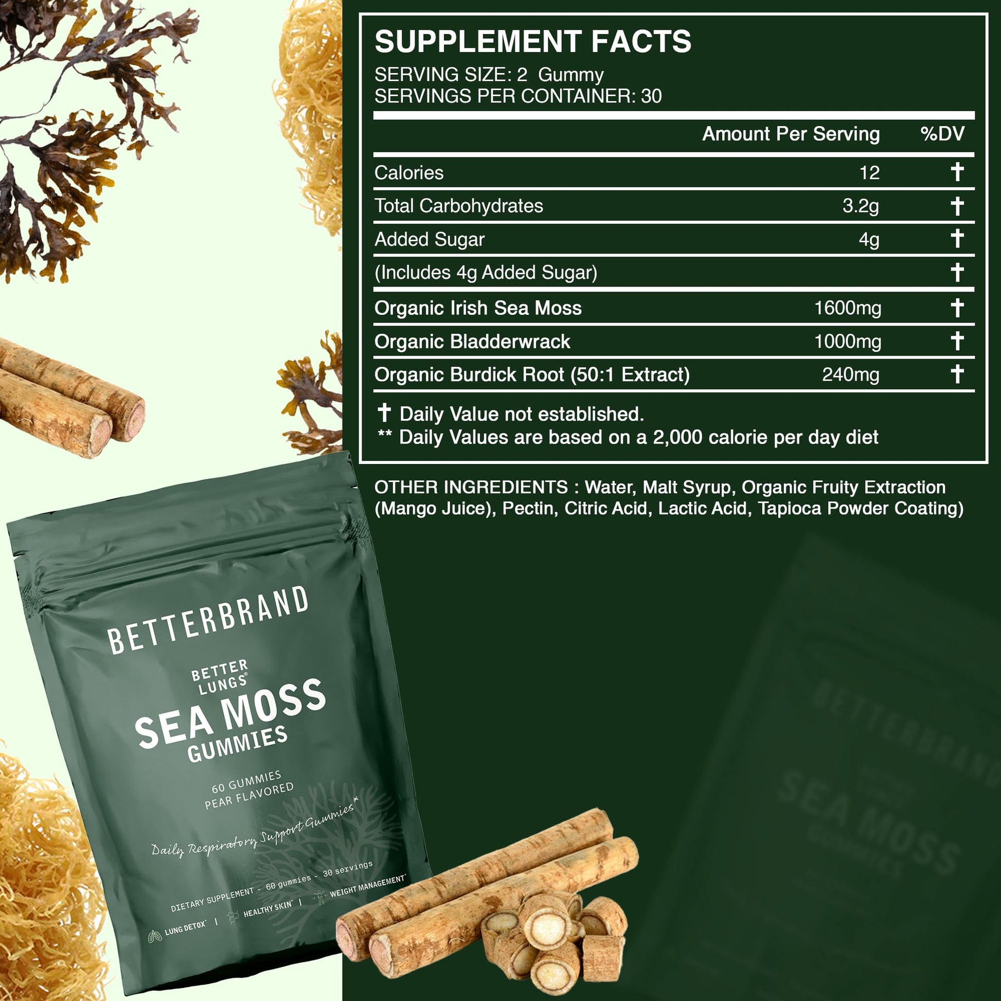 Betterbrand BetterLungs Pear Flavored Sea Moss Gummies - 1600mg Bladderwrack Betterbrand