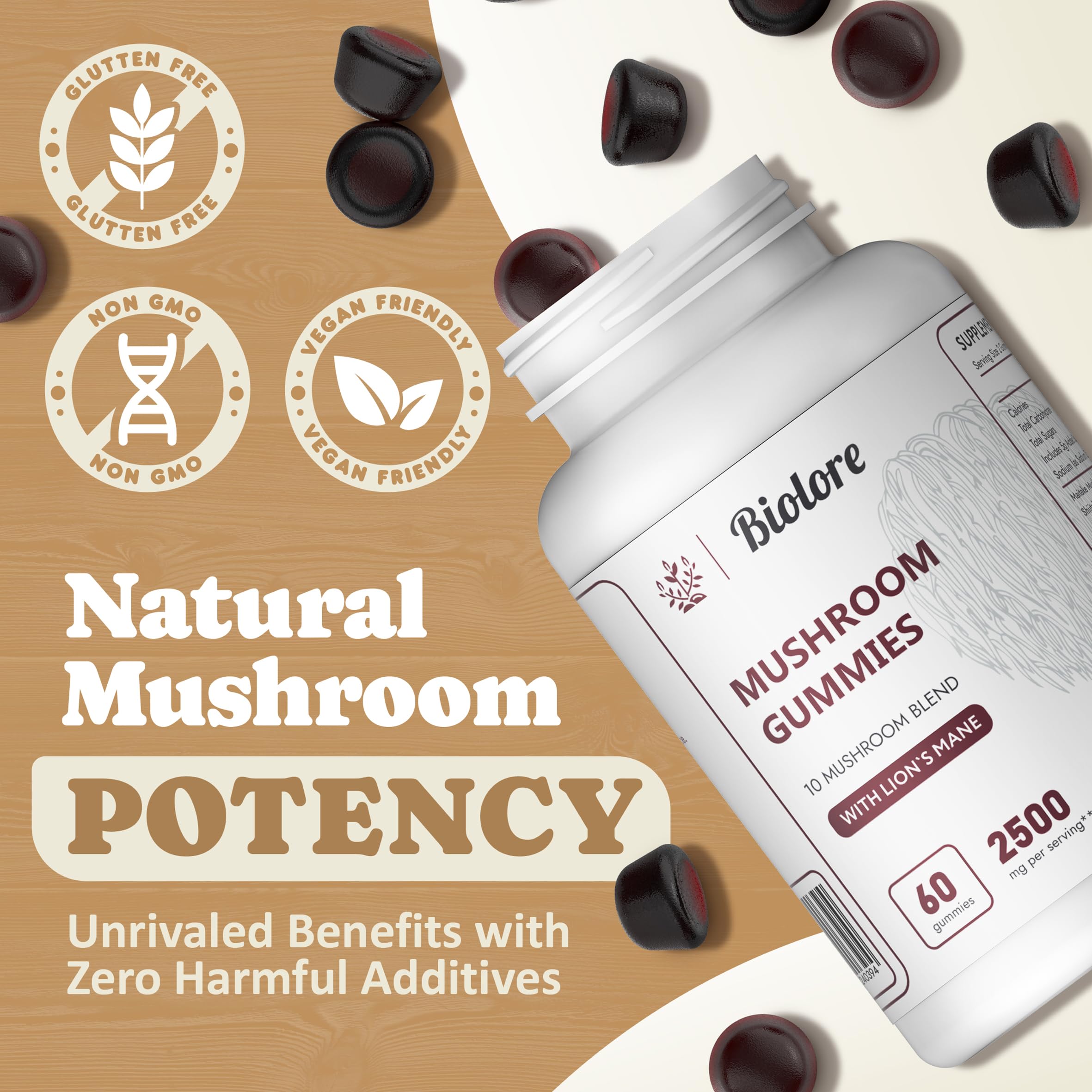 Biolore Mushroom Complex Gummies: 10 Powerful Mushrooms with Chaga, Lions Mane Biolore