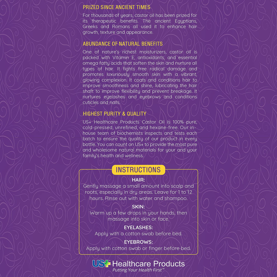 Us+ 20oz 100% Pure Castor Oil - Cold-pressed, Unrefined, Hexane-free - USP Grade - Premium Quality