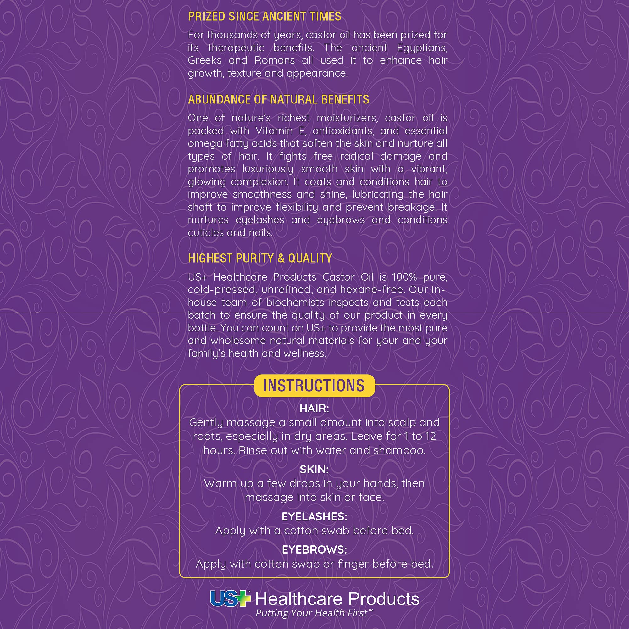 Us+ 20oz 100% Pure Castor Oil - Cold-pressed, Unrefined, Hexane-free - USP Grade - Premium Quality Us+