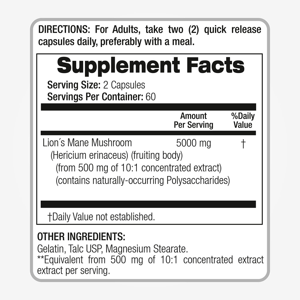 Lab | Lions Mane | 5000 mg per Serving | 120 Capsules | lions mane supplement | lions mane