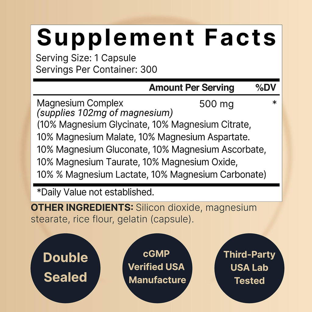 Magnesium Complex Supplement 500mg, 300 Capsules | 10 Active Forms – Glycinate