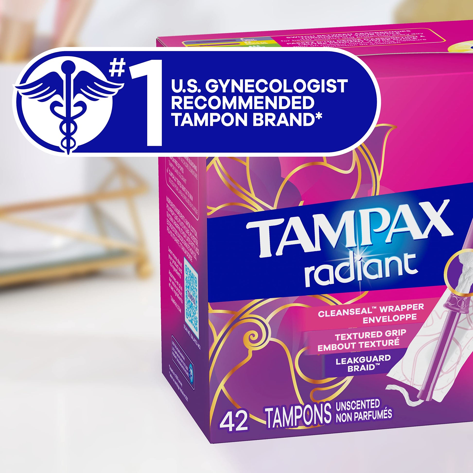 Tampax Radiant Tampons Multipack, Regular/Super Absorbency, with Leakguard Braid, Unscented, 84 Count Tampax