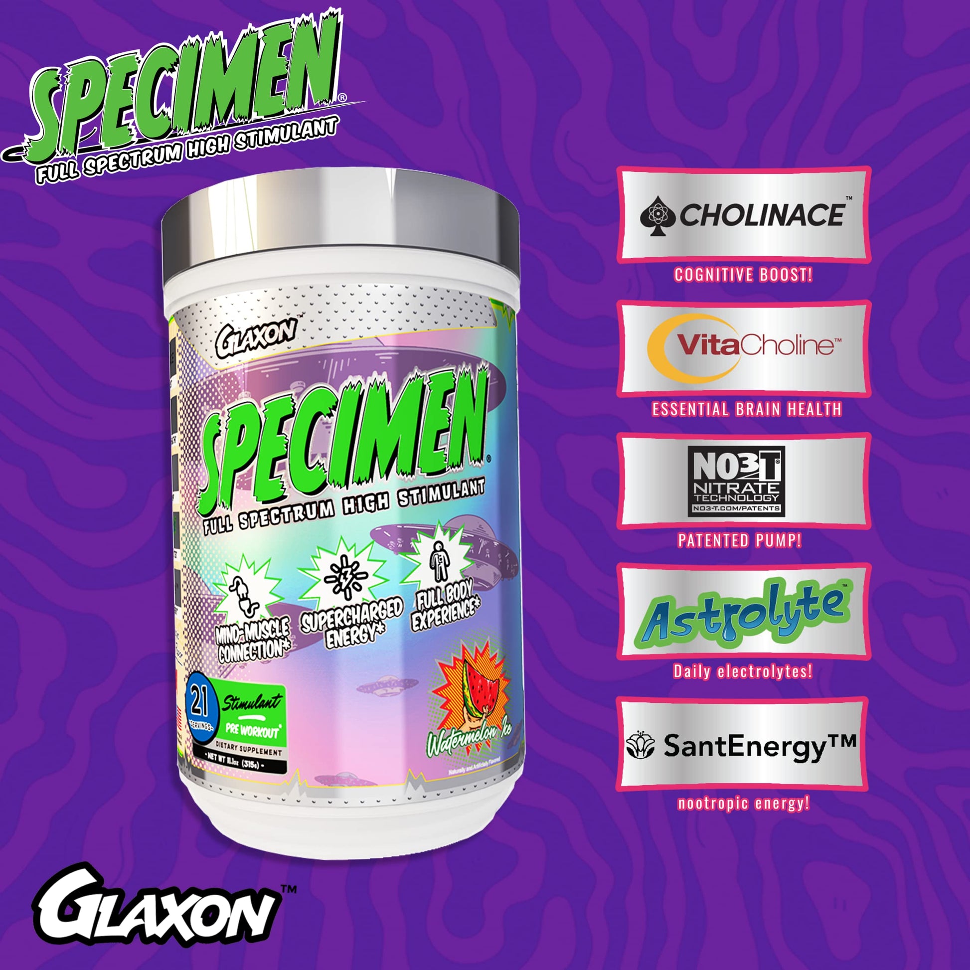 Glaxon Specimen High Stimulant Pre Workout Powder, Preworkout with 300mg Caffeine and 3200mg Beta Alanine Per Serving for Workout-Dominating Energy, Focus, and Pump (Alien Pop)