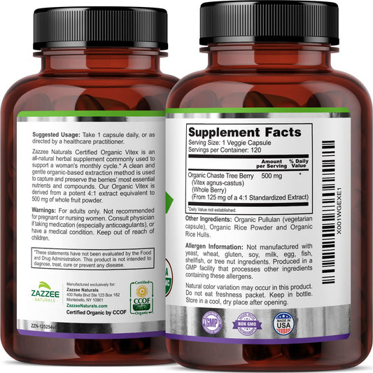 Zazzee USDA Organic Vitex, 500 mg Strength, 120 Vegan Capsules, 4 Month Supply