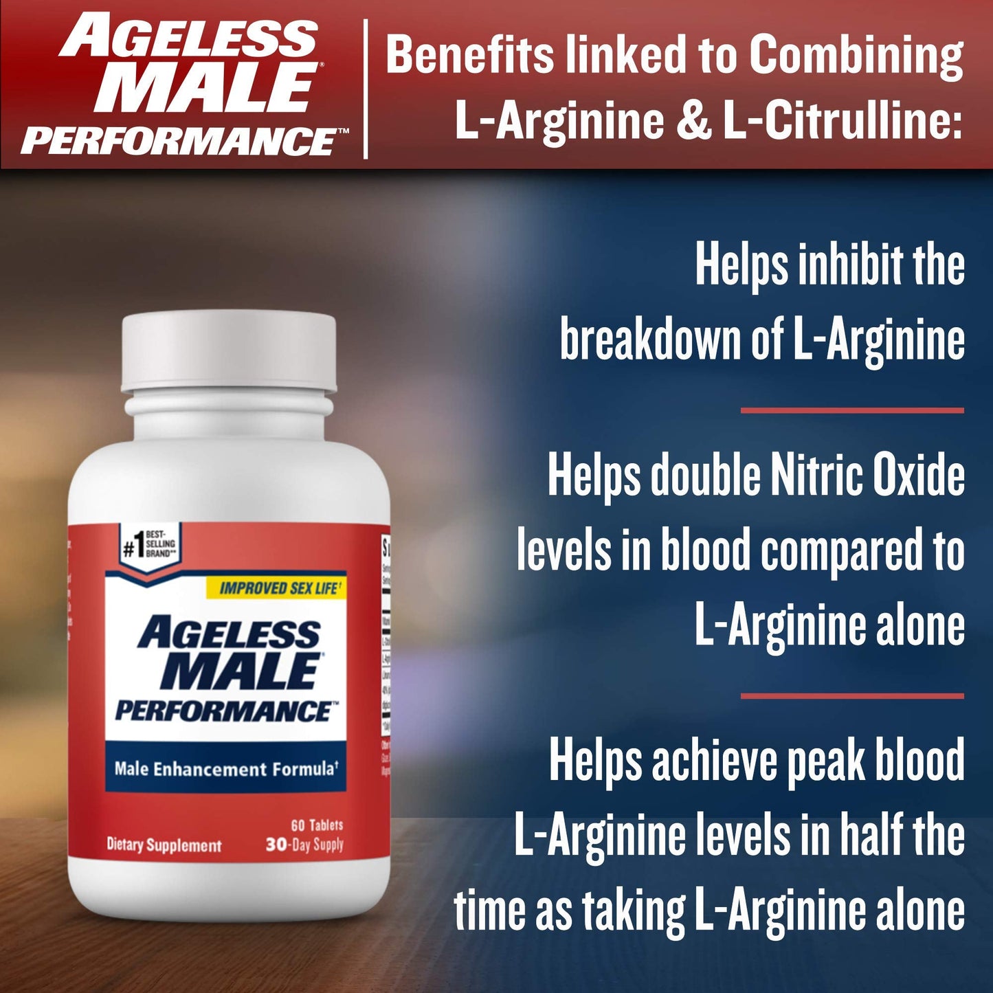 Ageless Male Performance Nitric Oxide Booster for Men - Promote Blood Circulation, Arousal, Energy Production, Drive, Stamina, Health Supplement (60 Tablets, 1 Bottle)