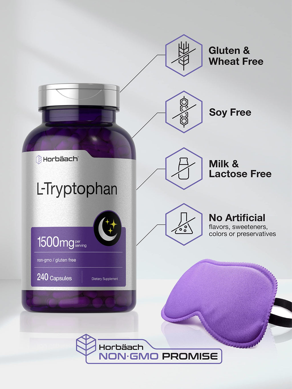 L Tryptophan 1500mg Capsules | 240 Count | Nighttime Formula | Non-GMO, Gluten Free