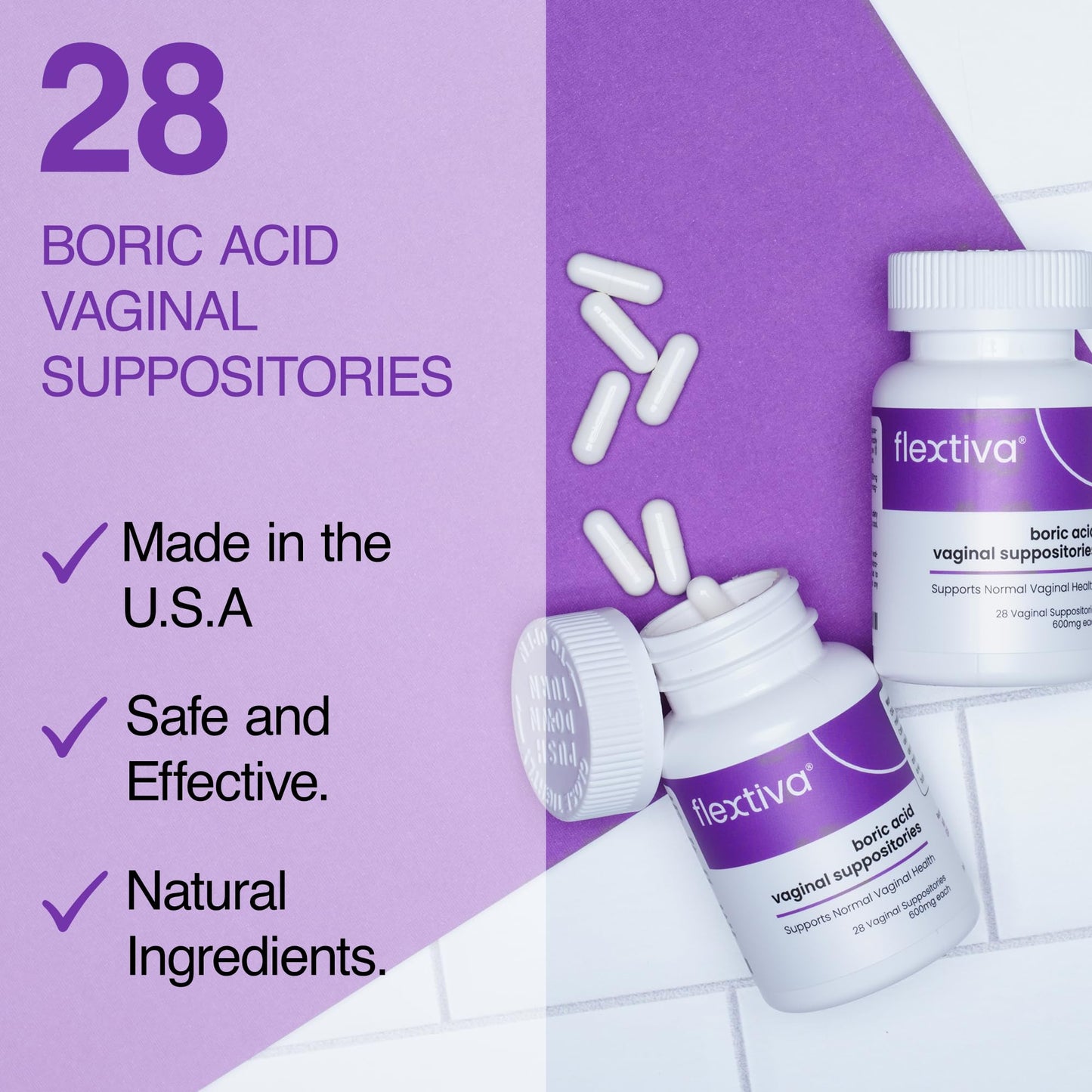 Flextiva Boric Acid Vaginal Suppositories - Boric Acid Pills for Women - Vaginal Health pH Balance for Women