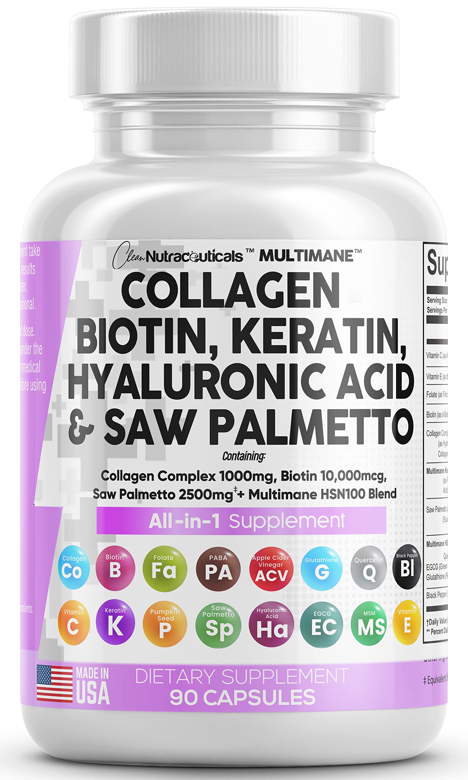 Collagen Pills 1000mg Biotin 10000mcg Keratin Saw Palmetto 2500mg 90 Ct