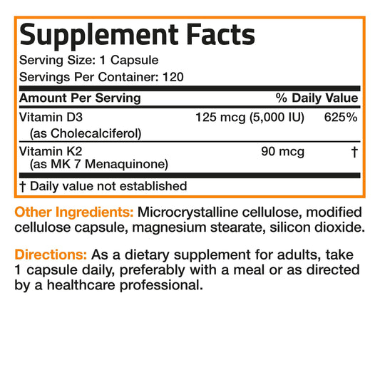 Bronson Vitamin K2 (MK7) with D3 Supplement Non-GMO Formula 5000 IU Vitamin