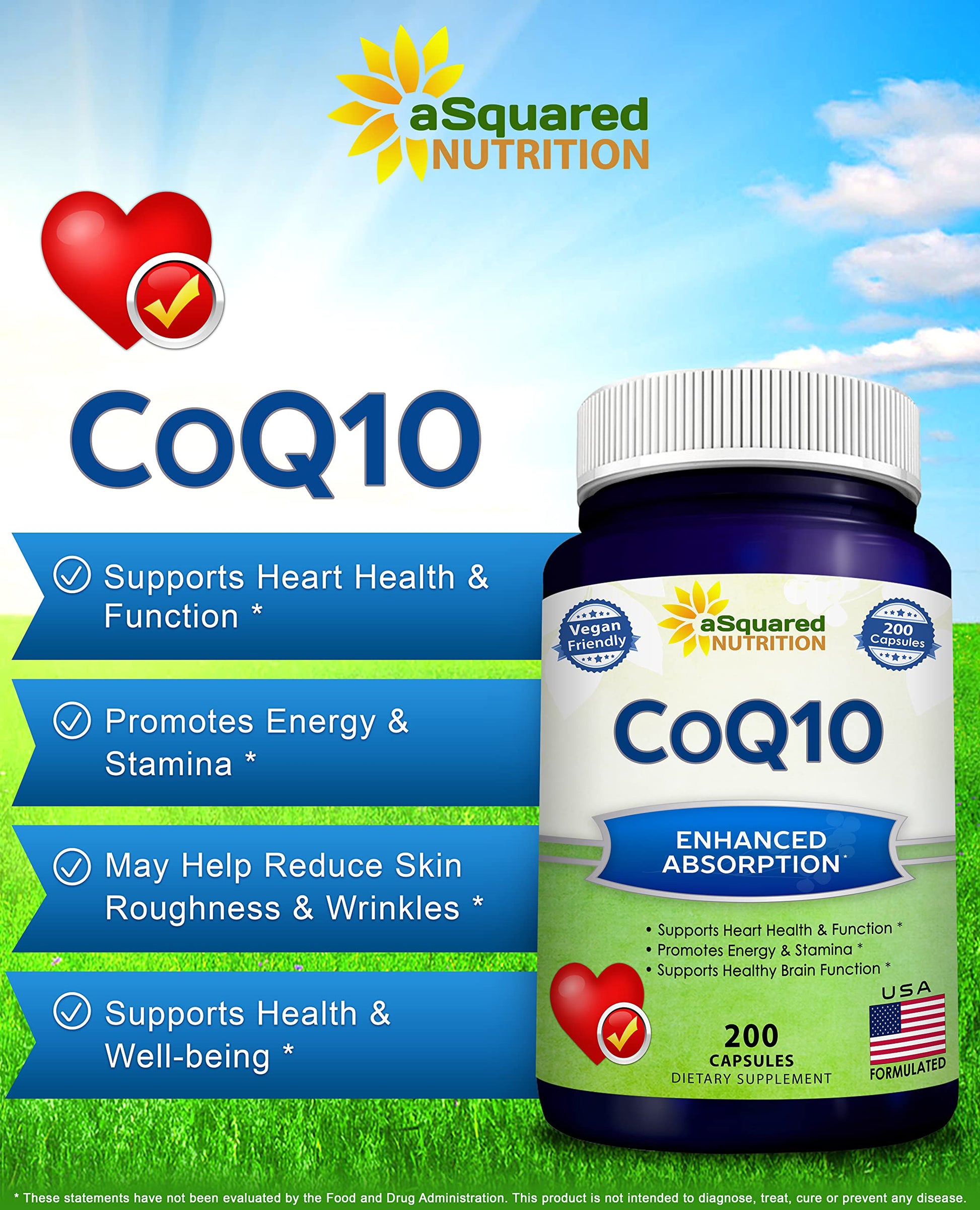 aSquared Nutrition CoQ10 (400mg Max Strength, 200 Capsules) - High Absorption Vegan aSquared Nutrition