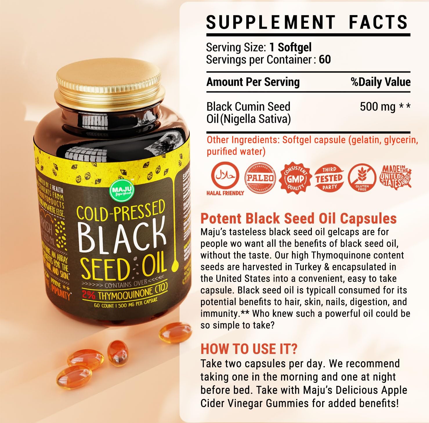 MAJU's Black Seed Oil Capsules - Cold Pressed, 2% Thymoquinone, 100% Turkish Black Maju Superfoods