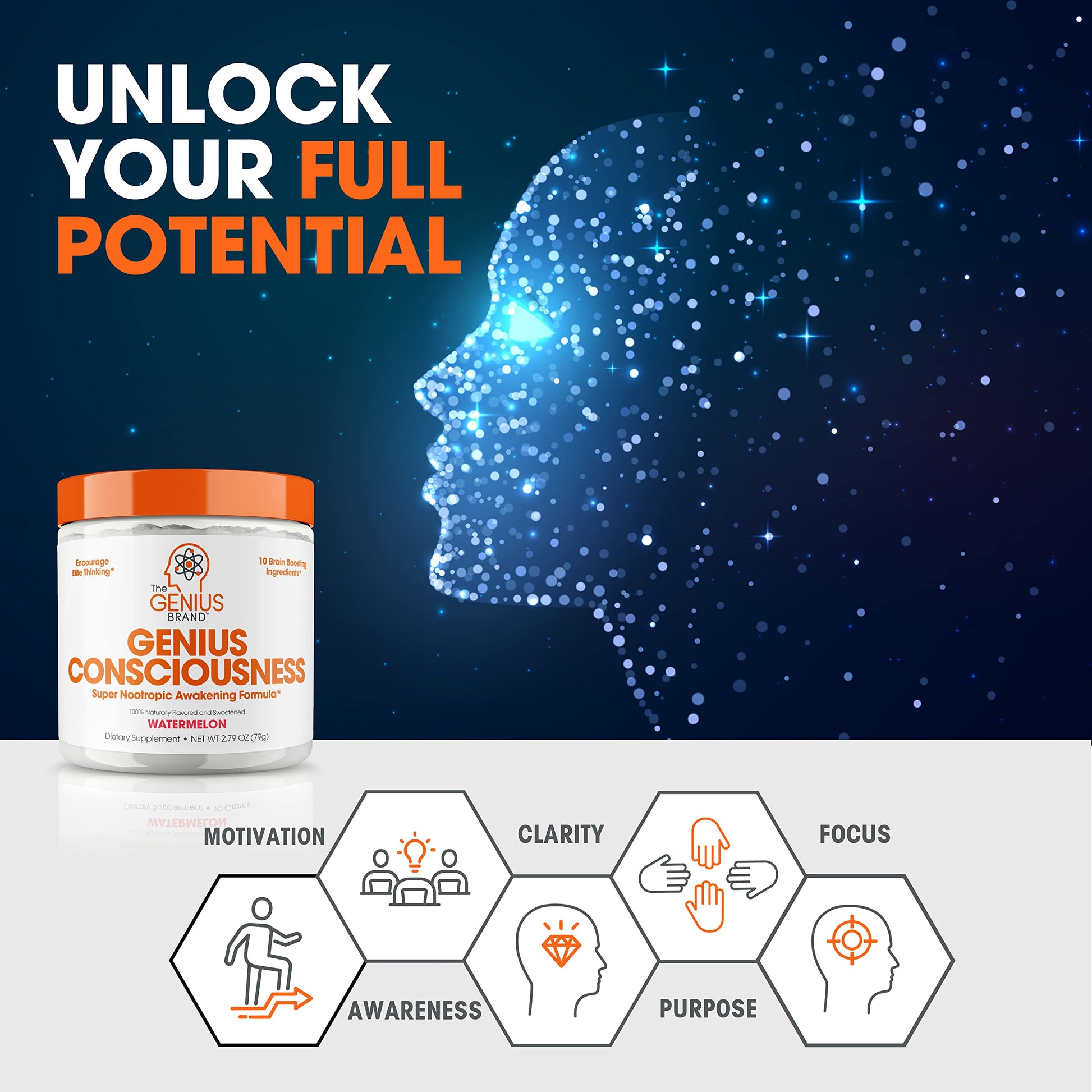 Genius Consciousness, Super Nootropic Brain Supplement Powder, Watermelon The Genius Brand