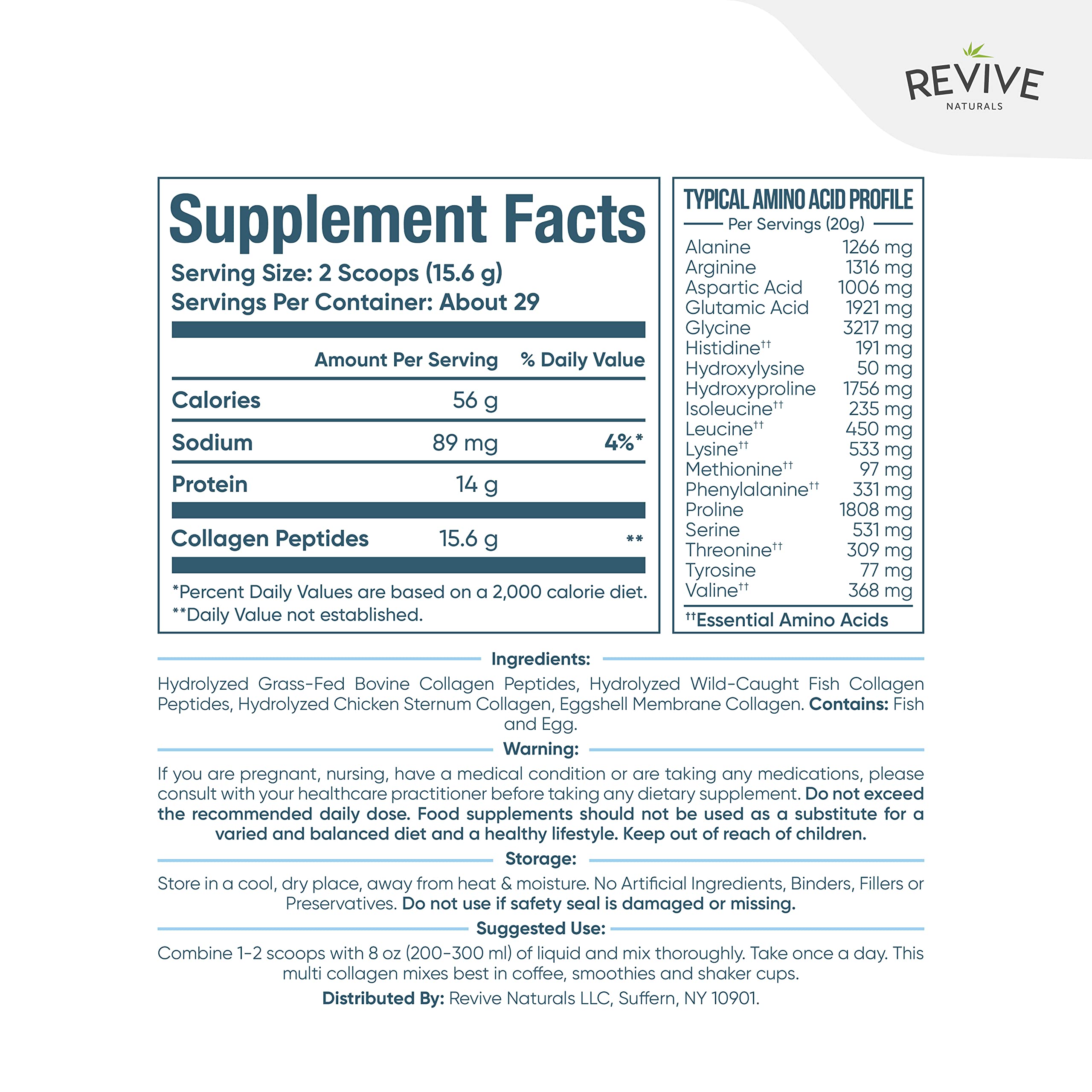 Revive Naturals Multi Collagen Hydrolyzed Protein Powder (16oz) - Types I, II, III, V & X Revive Naturals