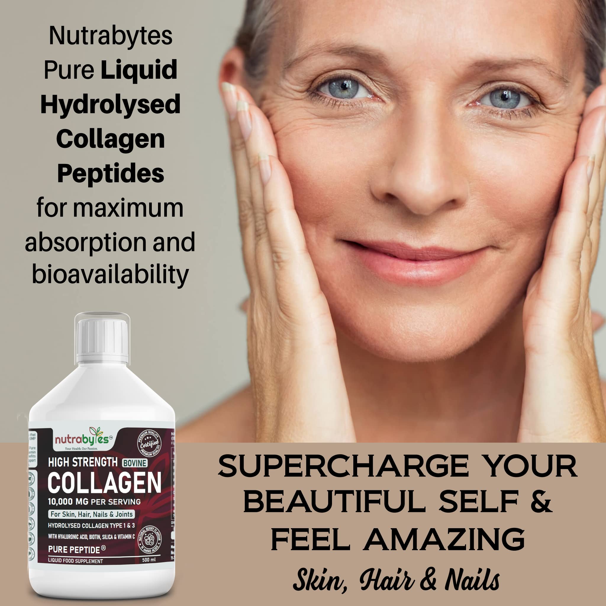 Collagen Liquid 10000mg, Hydrolysed Peptides | Hyaluronic Acid, Biotin, Silica, Vitamin C, Vitamin B12 NUTRABYTES