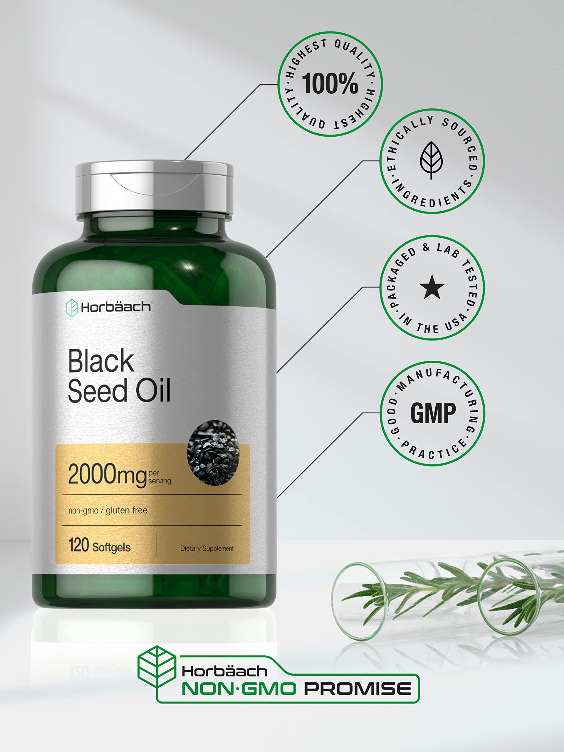 Black Seed Oil 2000mg | 120 Softgel Capsules | Cold Pressed Nigella Sativa Pills Horbäach