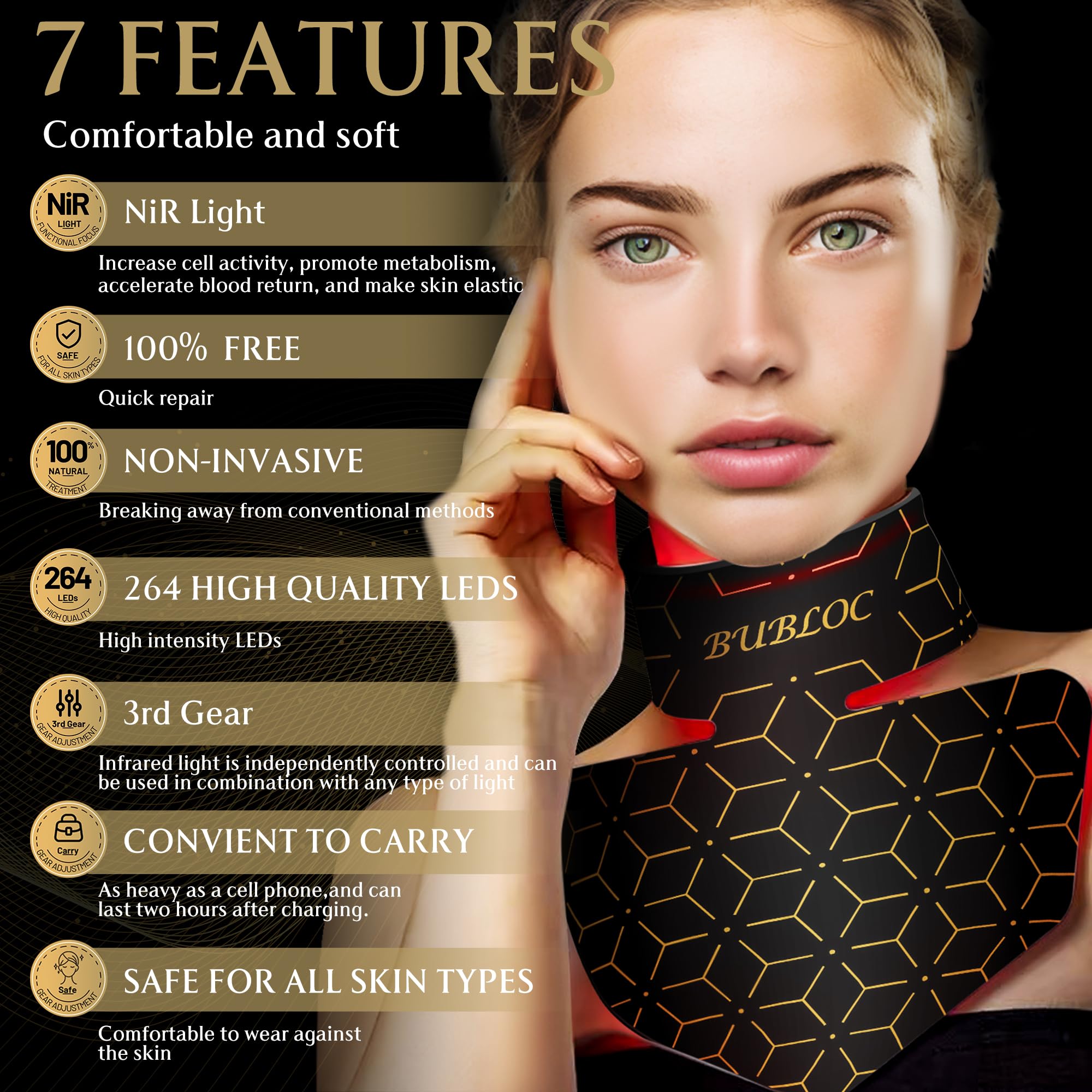 Upgraded Red Light Therapy Mask for Neck & Décolleté, 850 nm Wireless Infrared Light Therapy Suitable BUBLOC