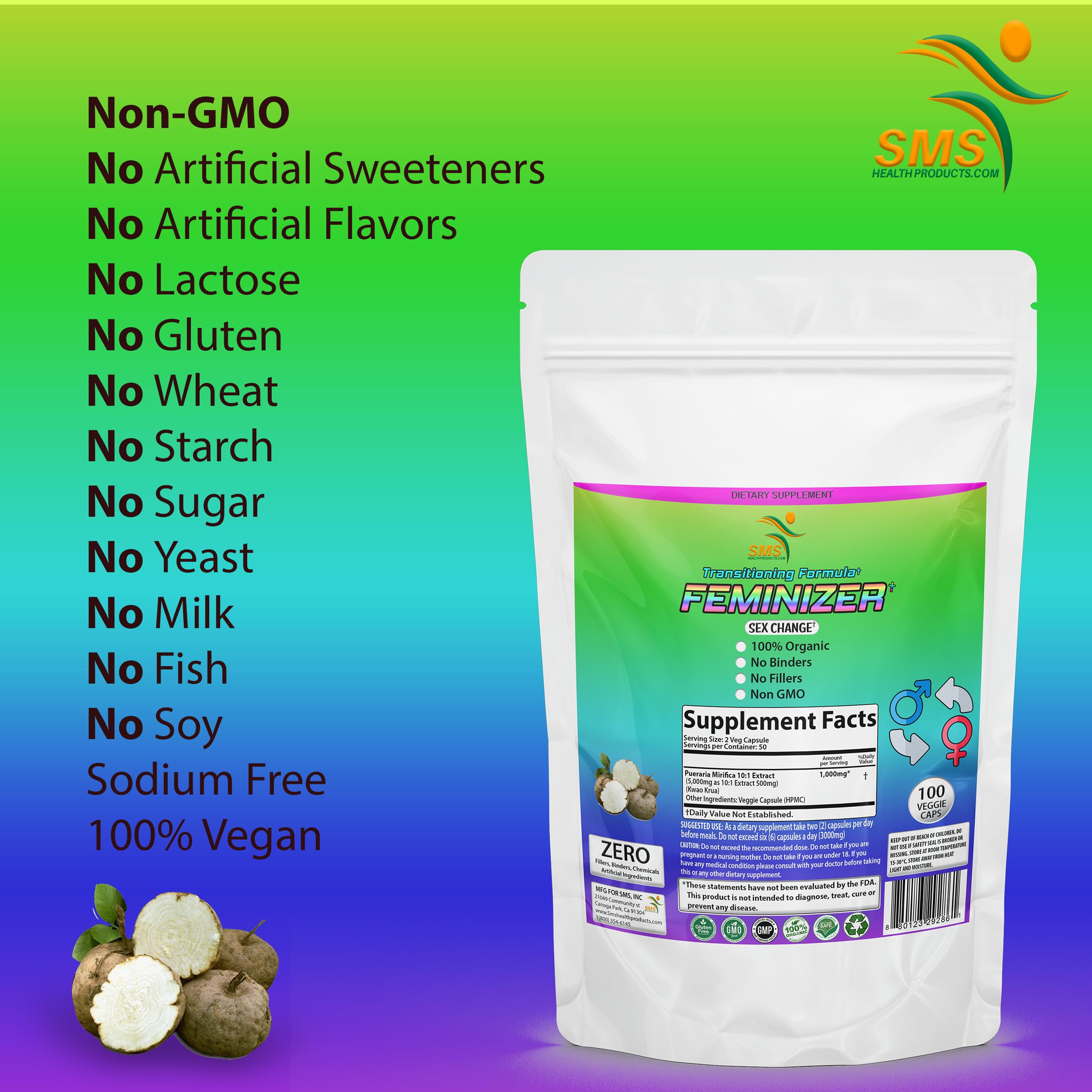 Feminizer Sex Change Pills by SMS, 100 Veggie Caps Pueraria Mirifica 1,000mg Pure SMSHEALTHPRODUCTS.com