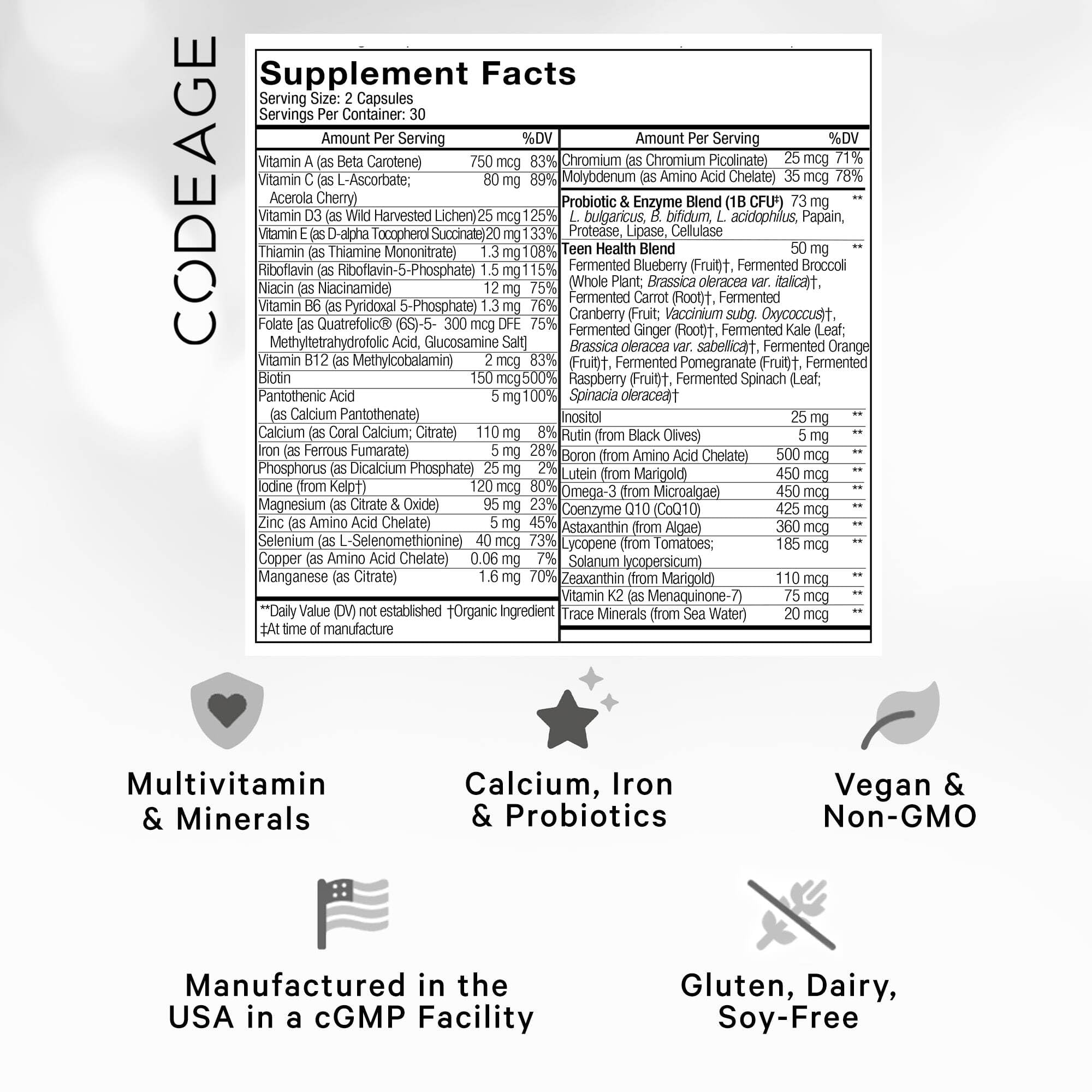 Codeage Teen’s Daily Multivitamin Supplement, 25+ Vitamins & Minerals for Teenage Boys & Girls Codeage