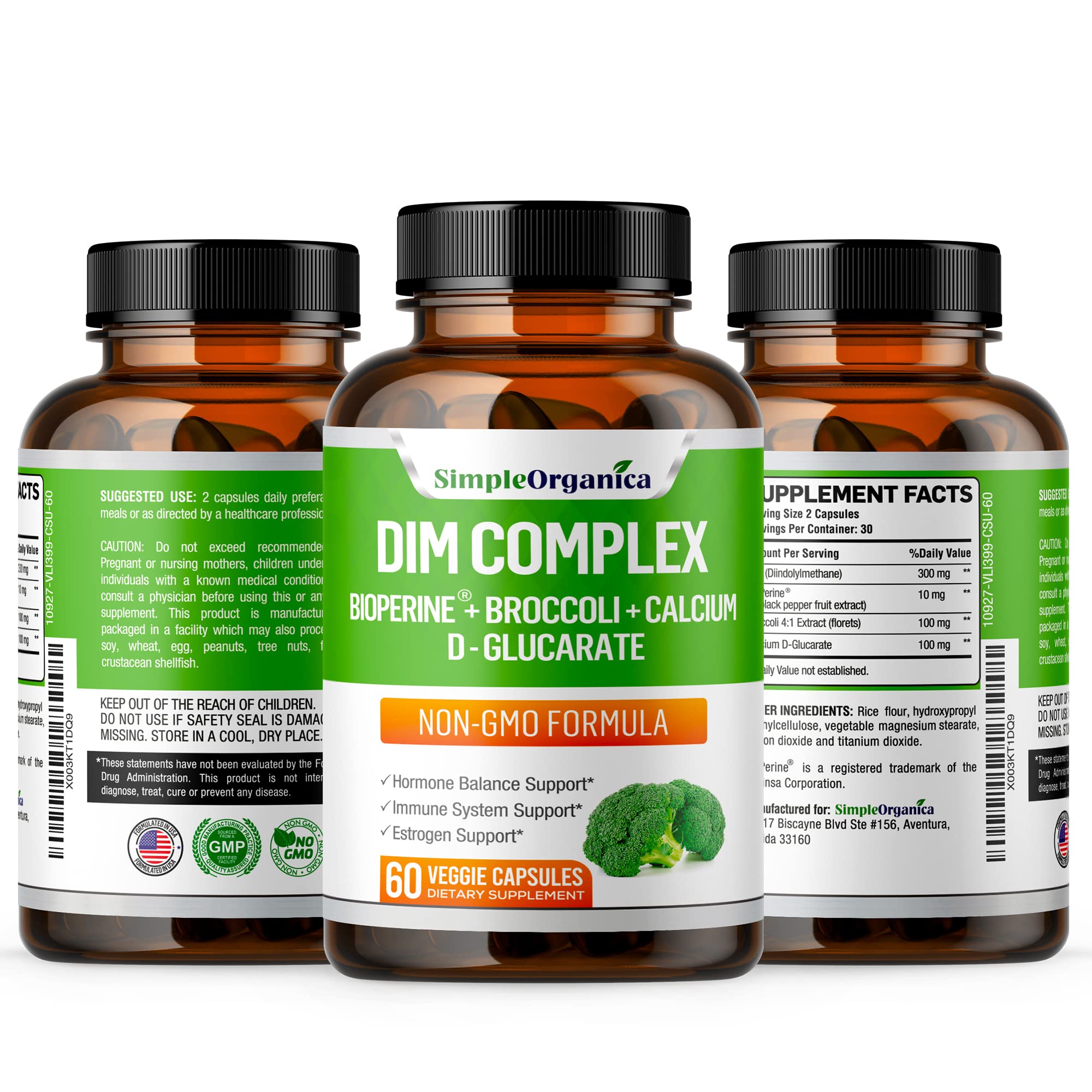 DIM Supplement (Diindolylmethane) 300mg + BioPerine + Calcium D-Glucarate for Women & Men Simple Organica