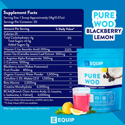 Equip Foods PureWOD All Natural Pre-Workout Powder - 200mg Green Tea Caffeine, BCAA