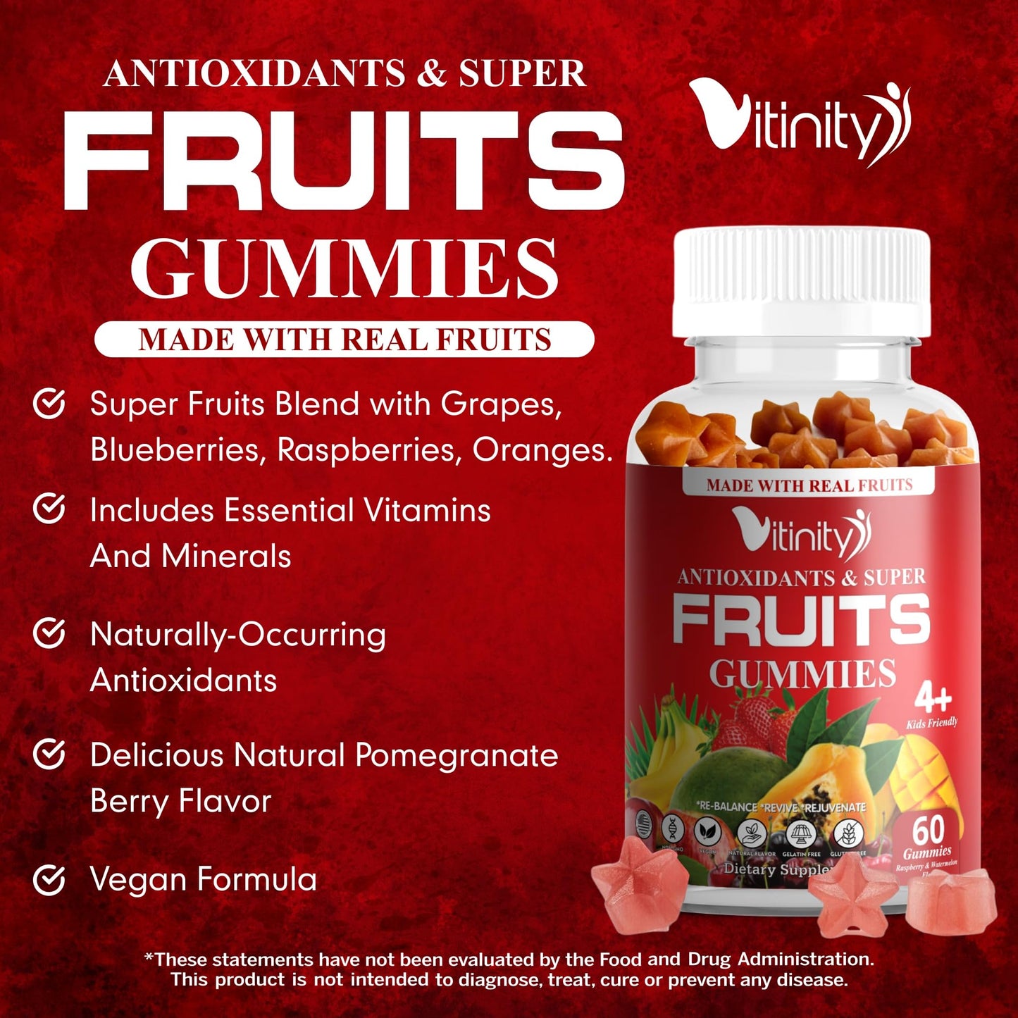 VITINITY Made with Real Super Fruits Delicious Gummy Supplement,Men,Women & Kids