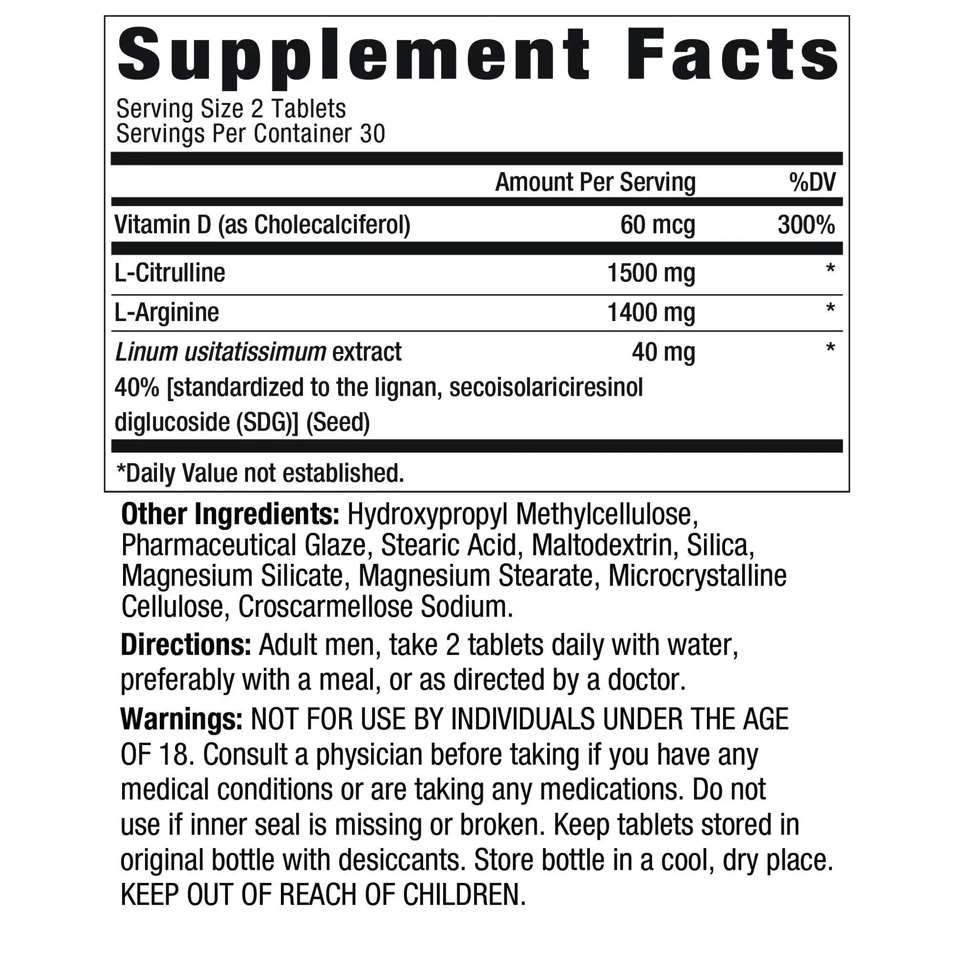 Ageless Male Performance Nitric Oxide Booster for Men - Promote Blood Circulation, Arousal, Energy Production, Drive, Stamina, Health Supplement (60 Tablets, 1 Bottle)