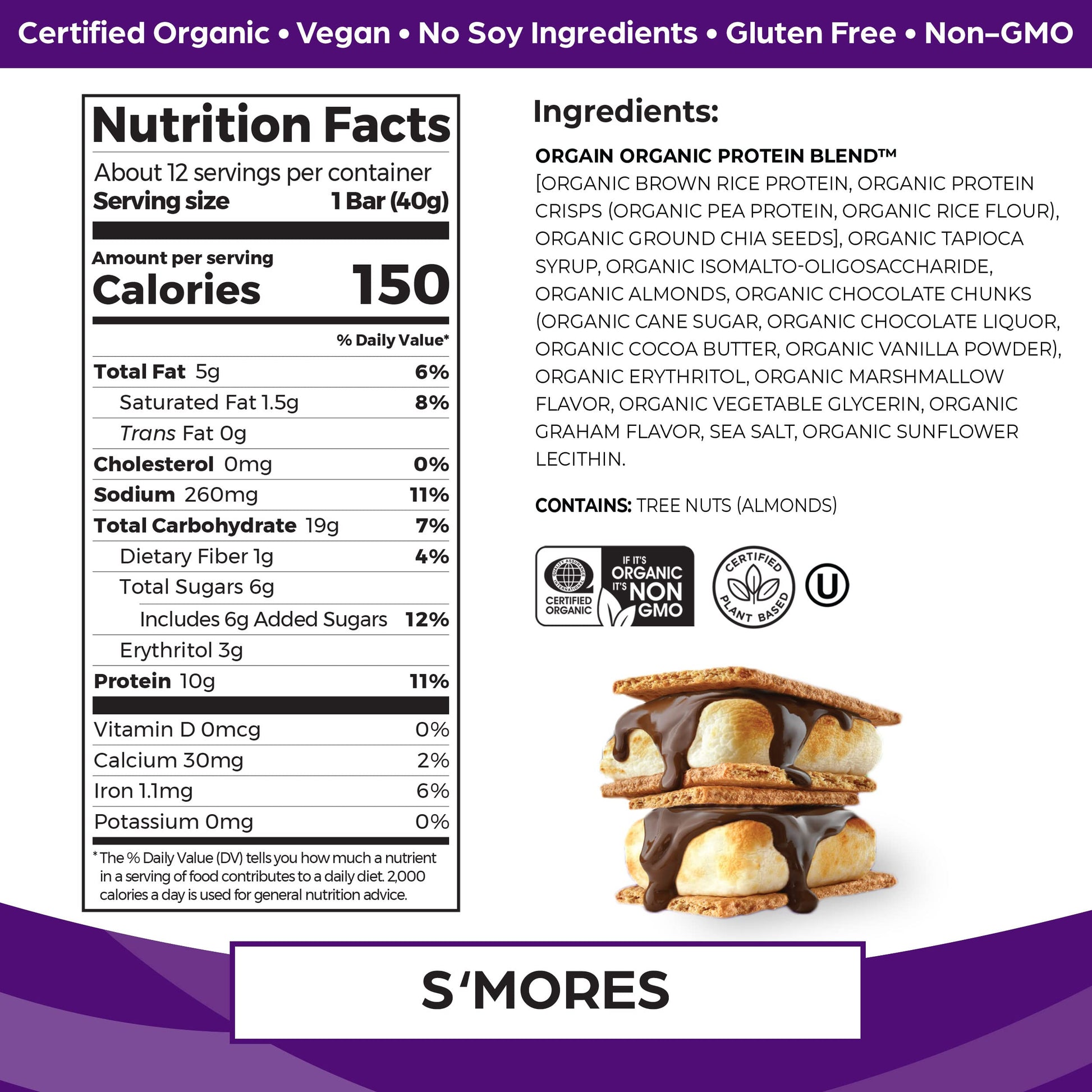 Orgain Organic Vegan Protein Bars, Smores - 10g Plant Based Protein, Gluten Free Snack Orgain