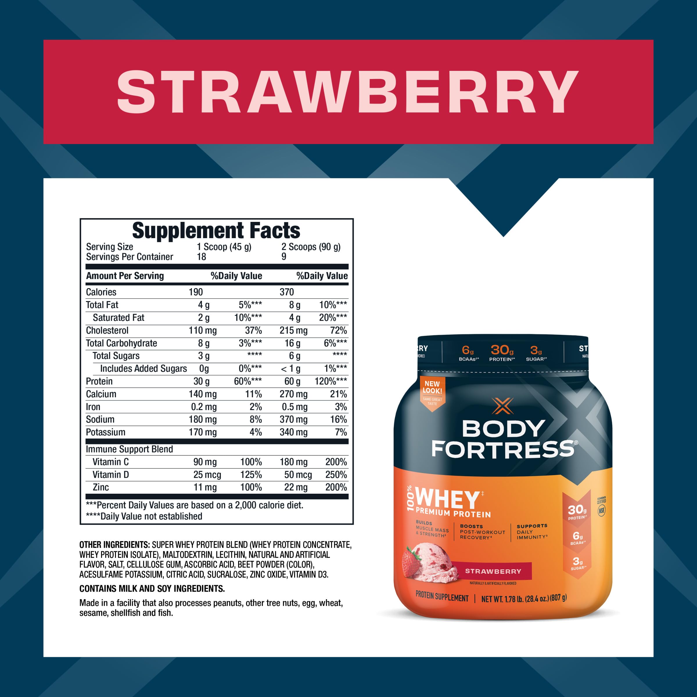 Body Fortress 100% Whey, Premium Protein Powder, Strawberry, 1.78lbs Packaging May Body Fortress
