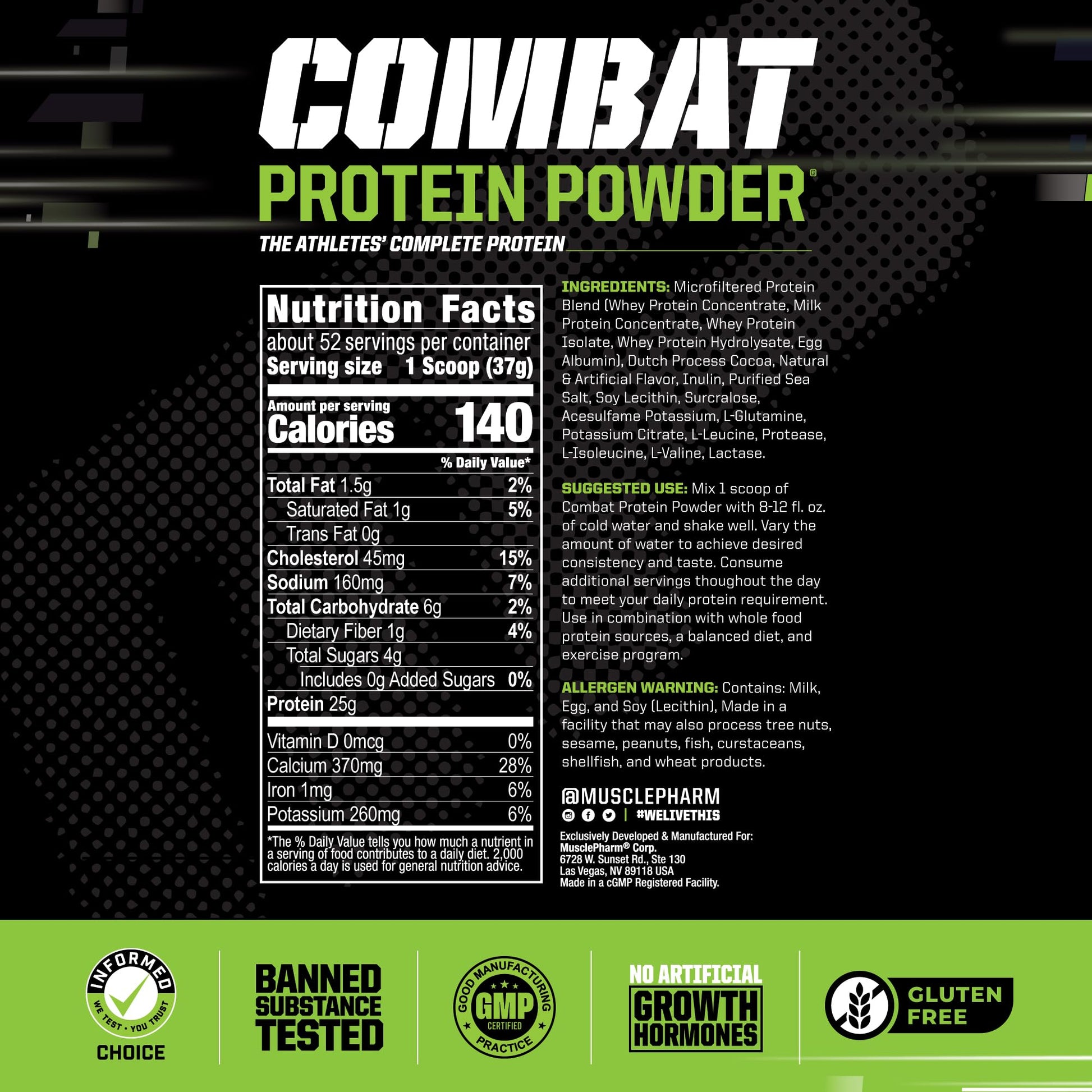 MusclePharm Combat Protein Powder, Chocolate Milk - 4 lb - Gluten Free - 52 Servings Muscle Pharm