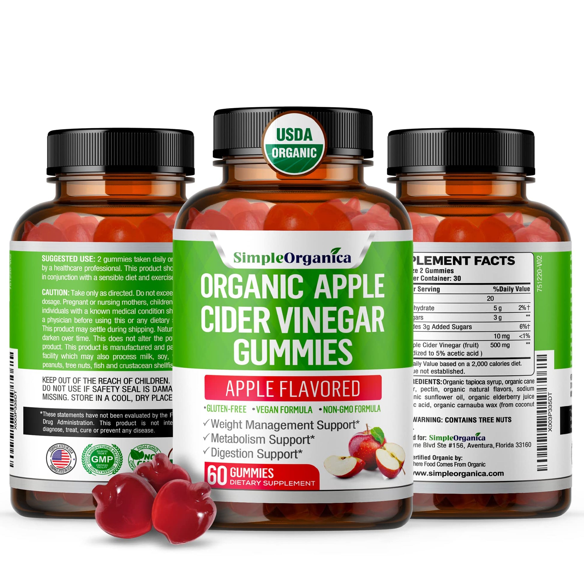 USDA Organic Apple Cider Vinegar Gummies with The Mother. AVC Keto Gummy Vitamins Simple Organica